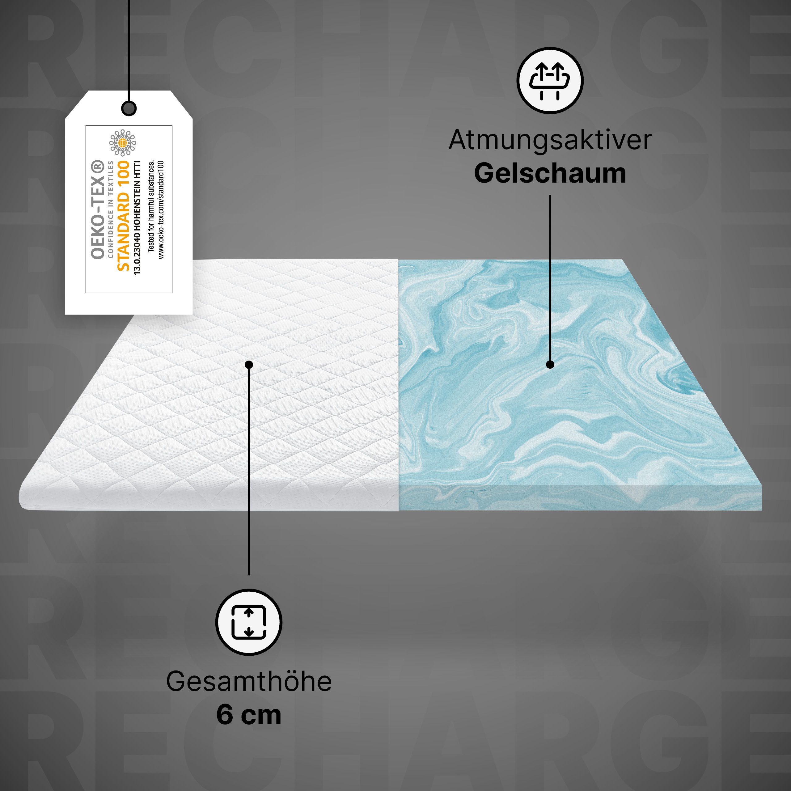 Topper RECHARGE, wonello, 6 cm hoch, Gelschaum, (Made in Germany, GEL), druckentlastender Matratzentopper 160x200cm, waschbar bei 60°C