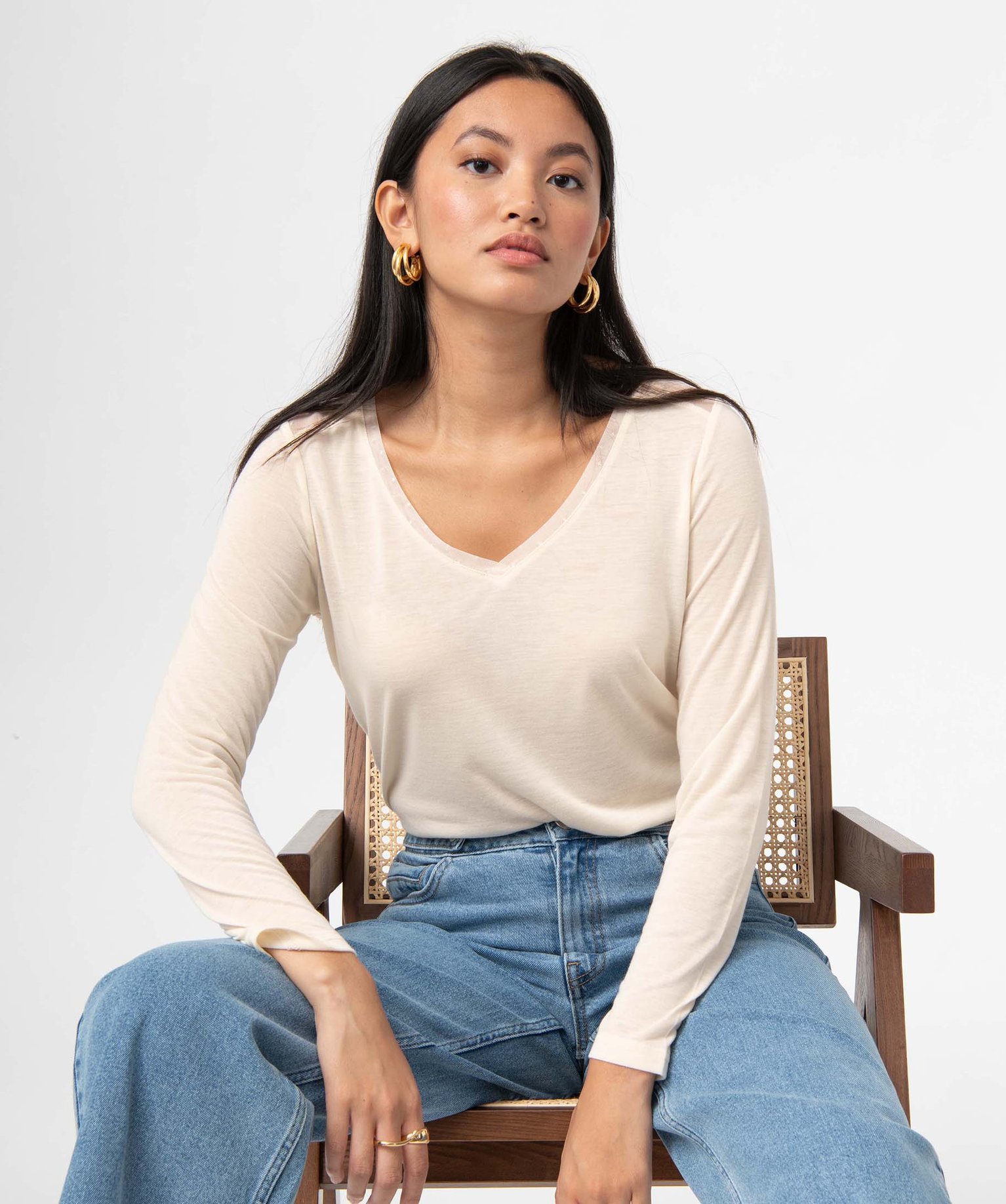 Tee-shirt femme à manches longues avec tulle dans le haut d... ecru | GEMO