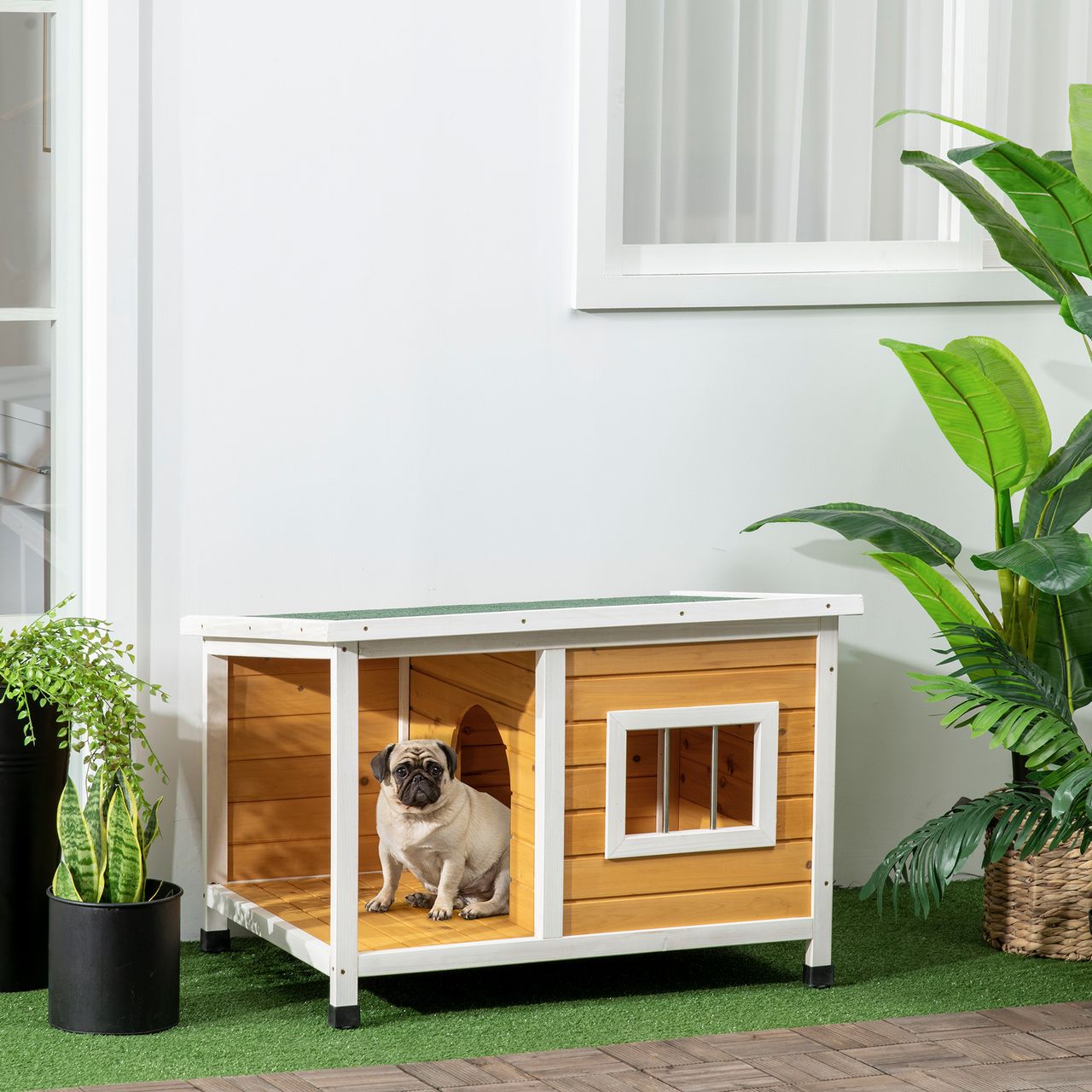 PawHut Hundehütte, Tannenholz, Kleintierhaus, Hundehaus mit Terrasse, Orange