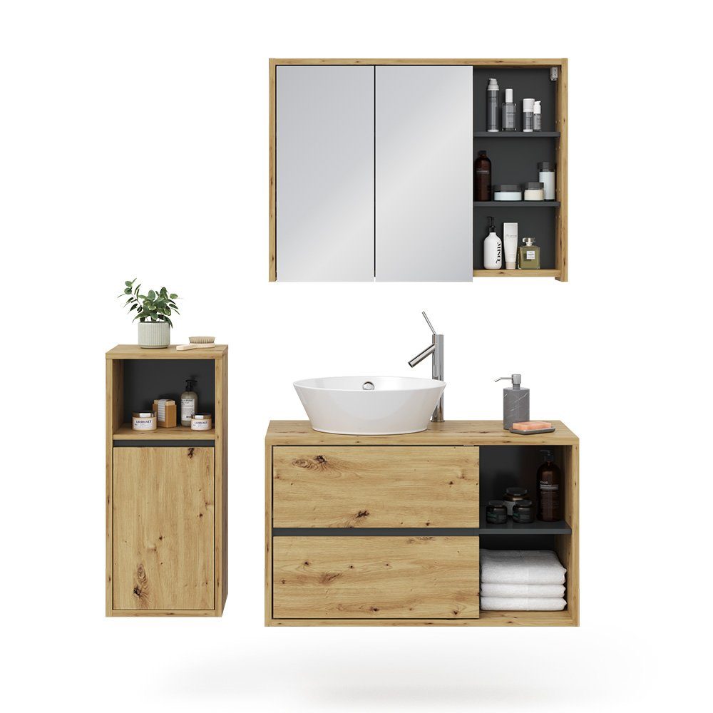 Vicco Badmöbel-Set Badezimmer Set 2 VIOLA Braun Anthrazit, (3-St., 3-er Set)