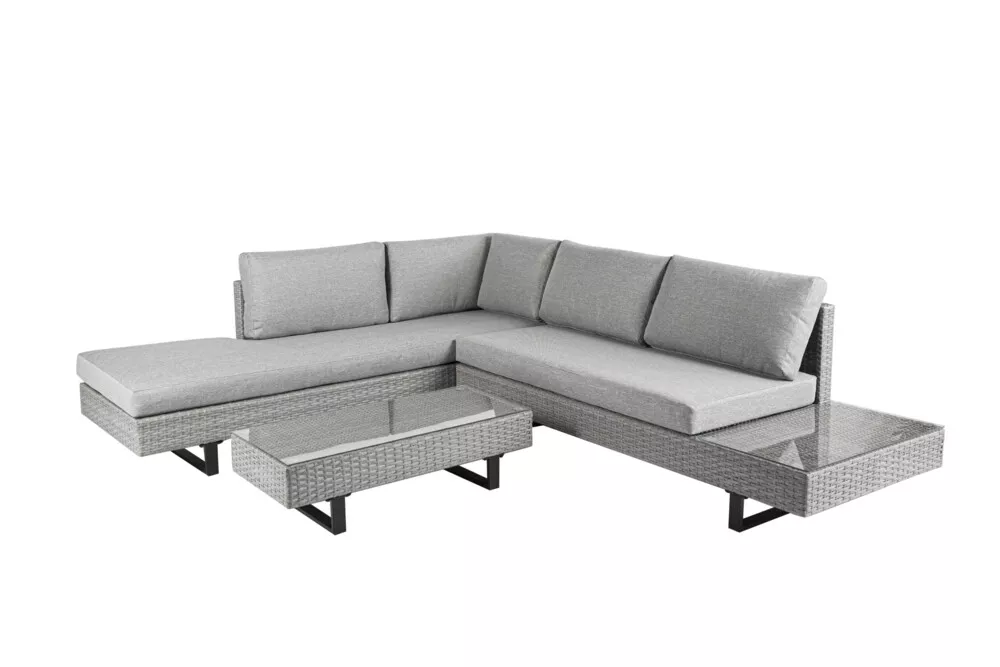 Never Indoor Rattan Sitzgarnitur 12 tlg. Eckloungeset mit Tischablage & Polsterkissen grau