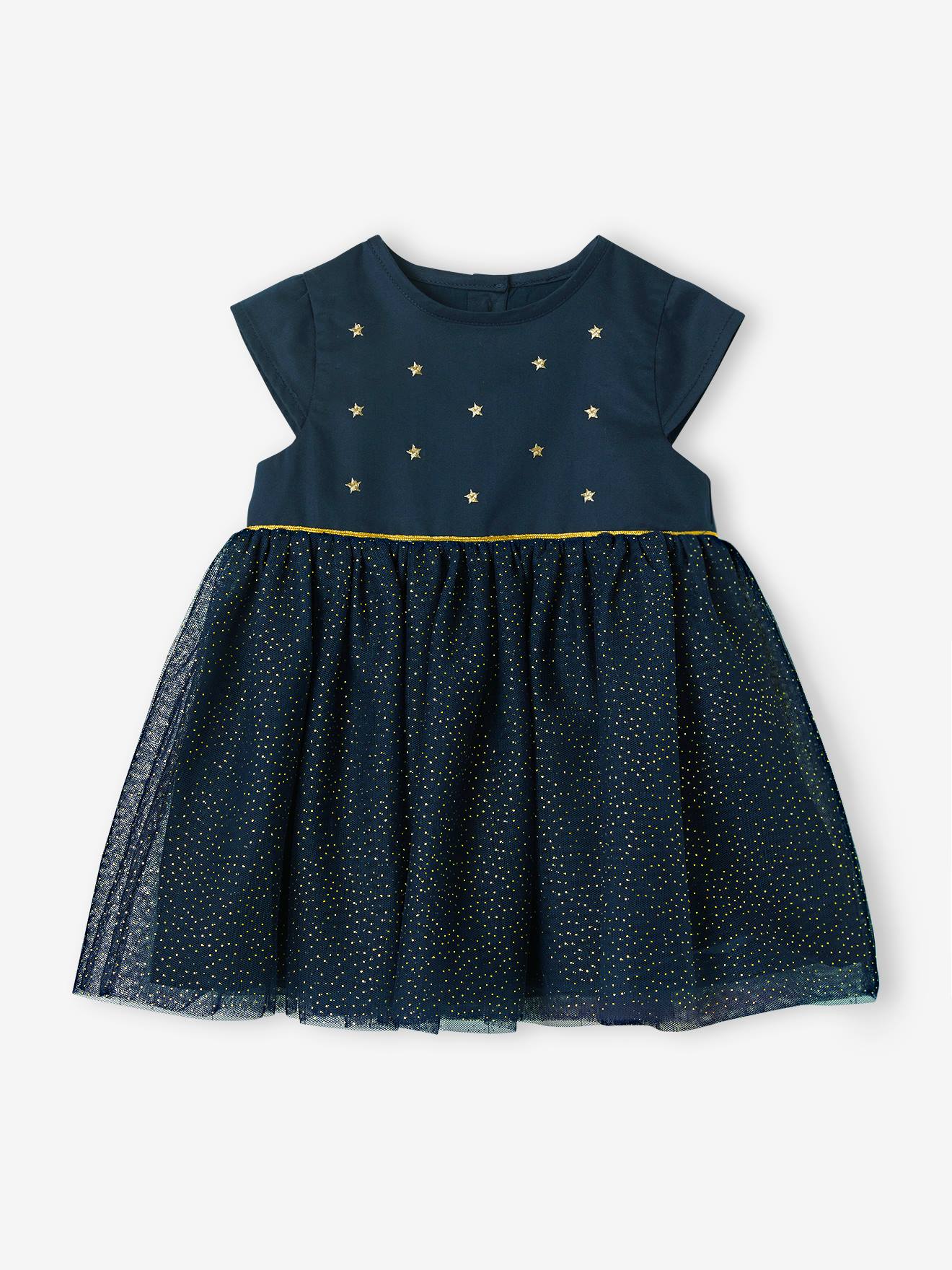 Robe de fête bébé en satin et tulle irisé bleu nuit