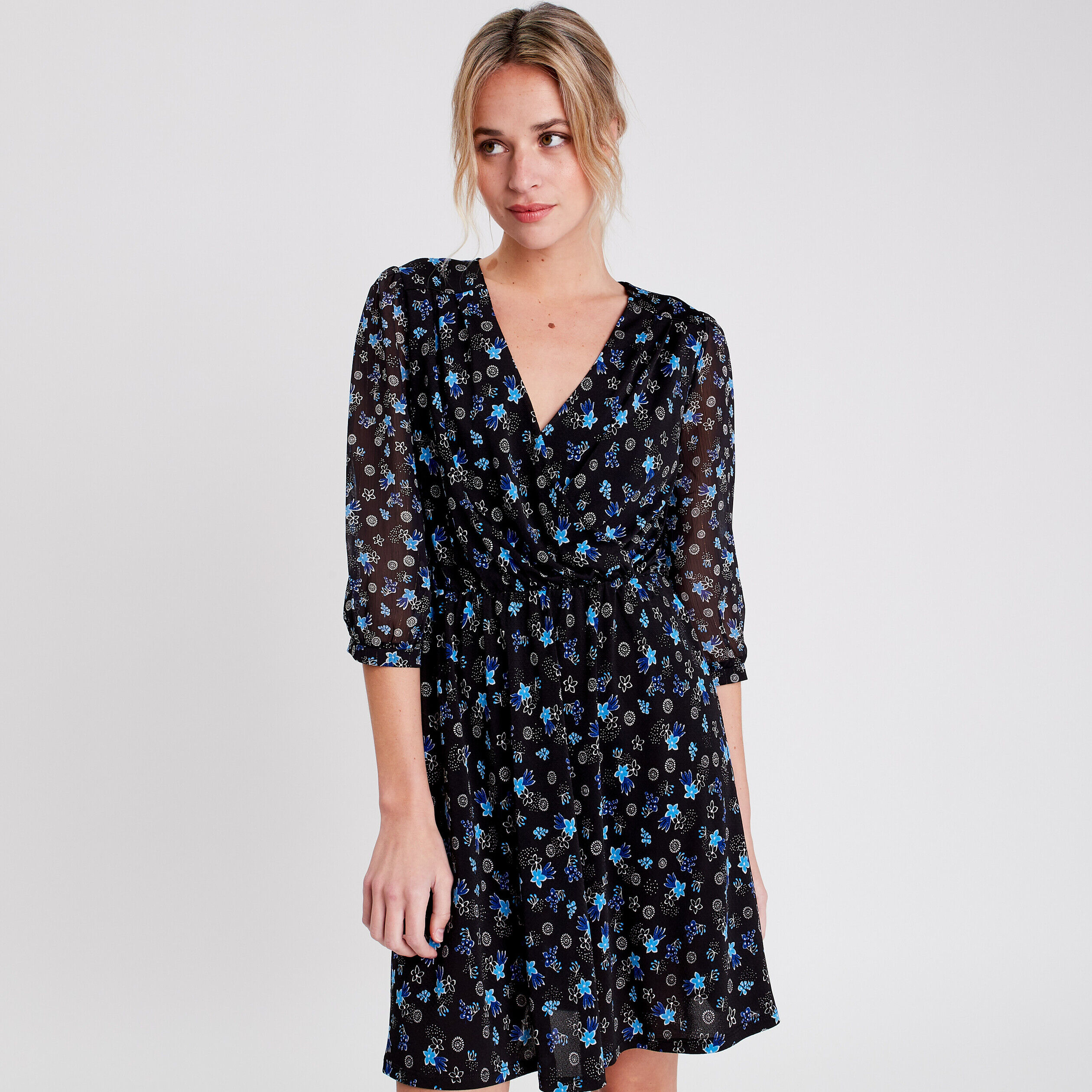 Robe évasée manches 3/4 noir femme | Cache Cache