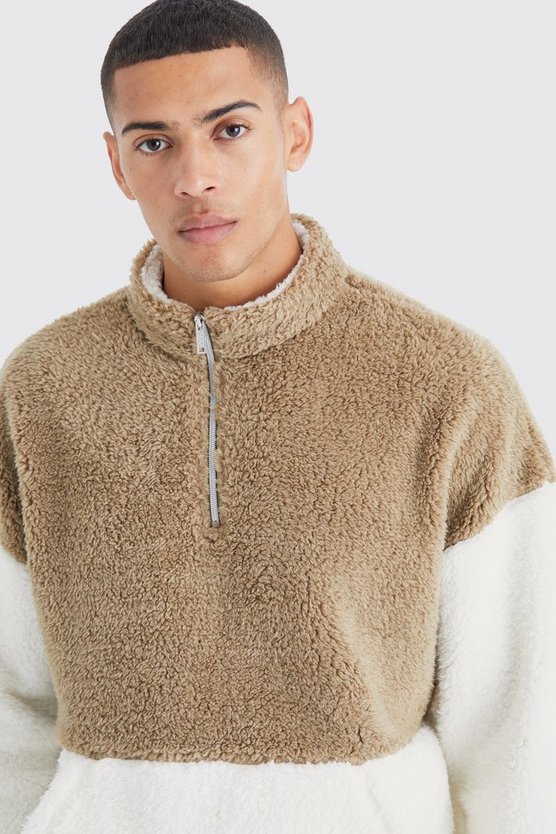 Oversize Borg Colorblock Sweatshirt mit 1/4 Reißverschluss