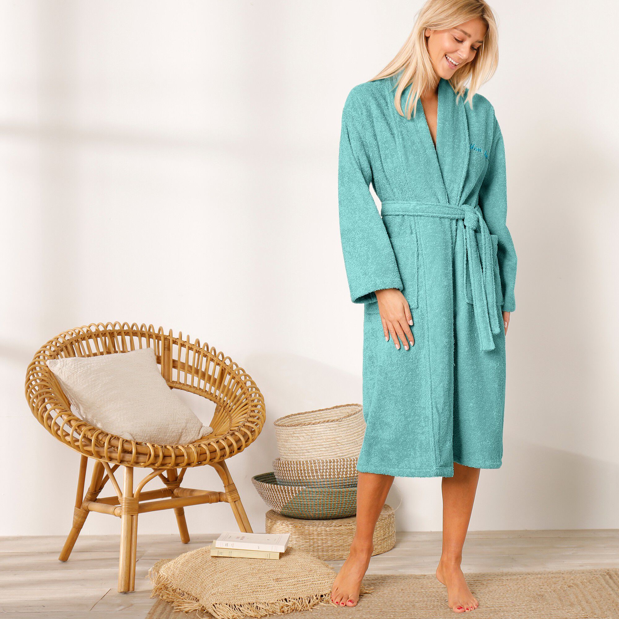 Peignoir mixte adulte éponge bouclette col châle personnalisable