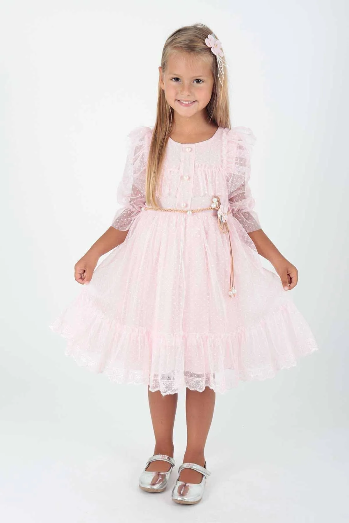 AHENGİM  Mädchen-Abendkleid aus Spitze und Tüll mit Schnalle und Gürtel Ak2206