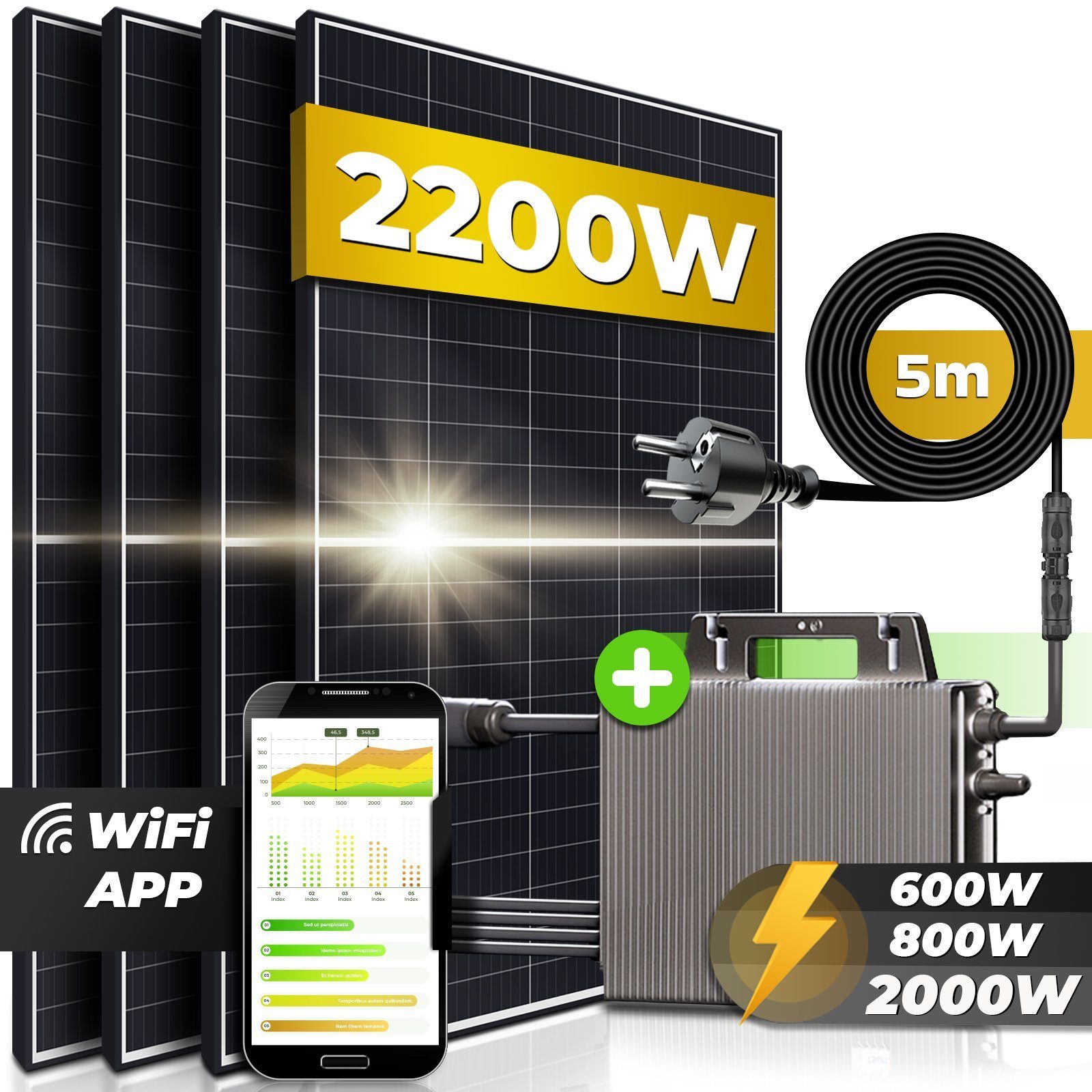SUNNIVA Solaranlage Solaranlage Balkonkraftwerk, Monokristallin, (2200W/2000W (TSUN Micro Inverter 2000W Drosselbar auf 600W, 5m Kabel, Solarkabel, Balkon Mini-PV Anlage), genehmigungsfrei Solarpanel Solarmodul Photovoltaikanlage