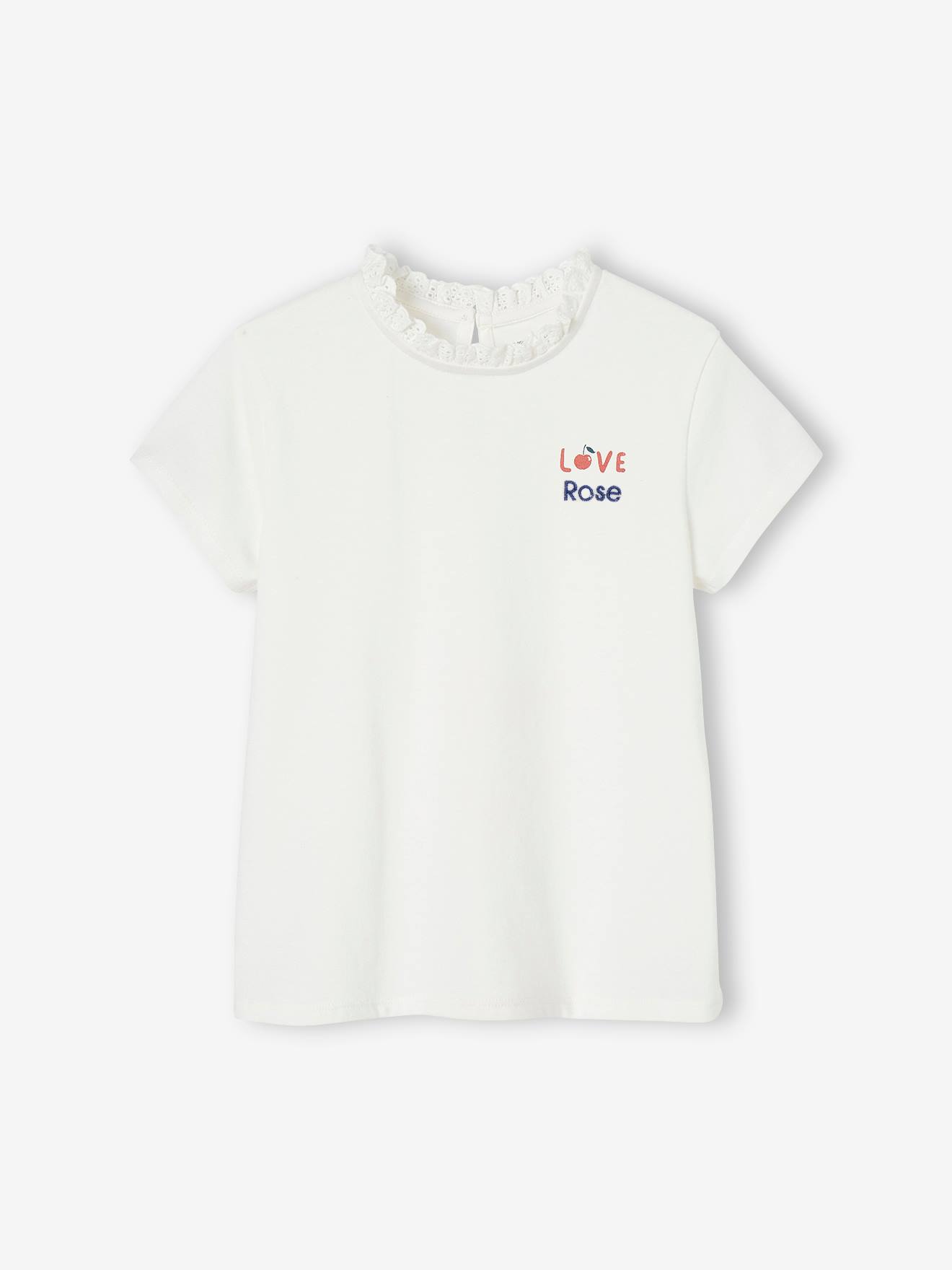 T-shirt col en broderie anglaise personnalisable fille manches courtes écru