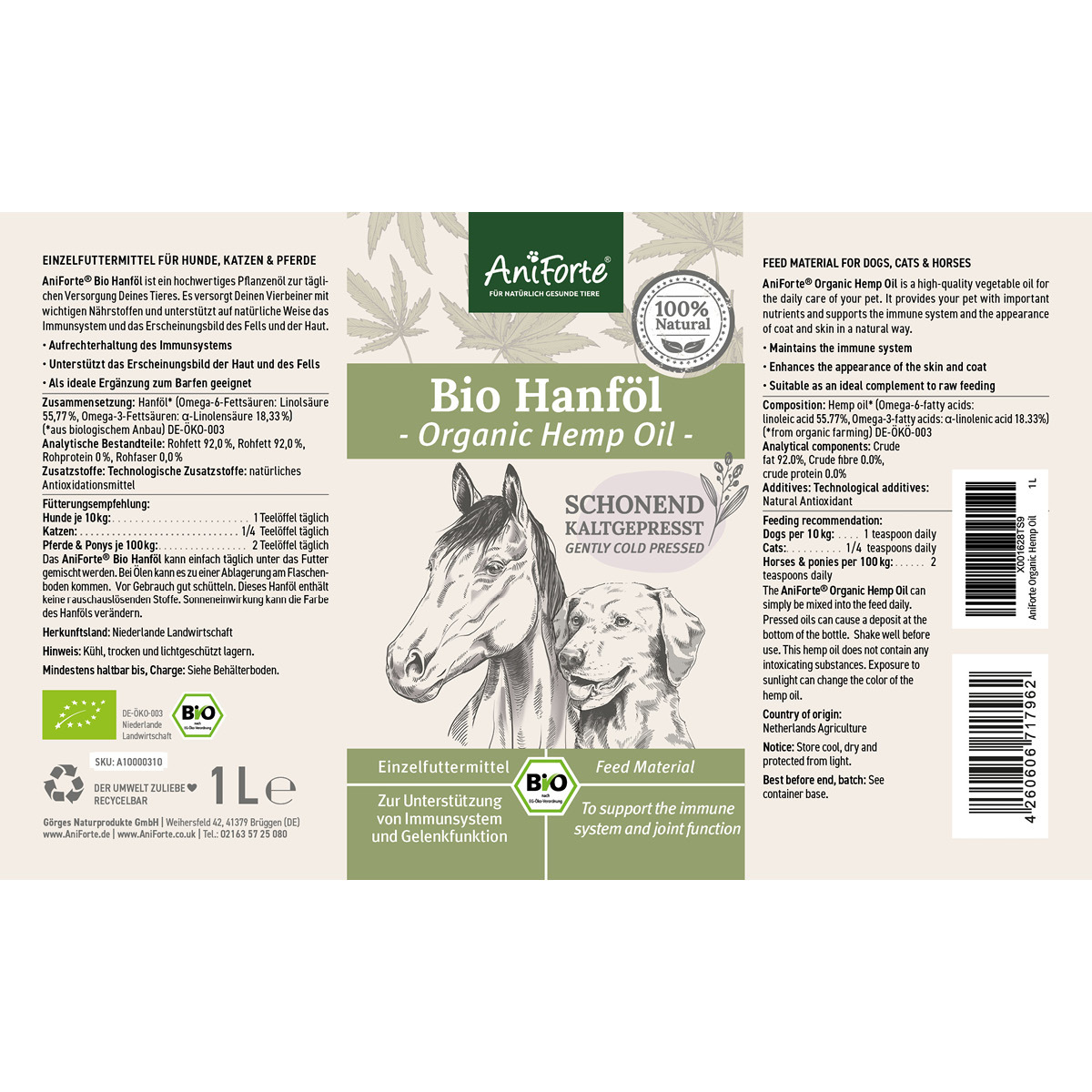 Aniforte Ergänzungsfutter & Aufzucht Aniforte Bio Hanföl 1 l