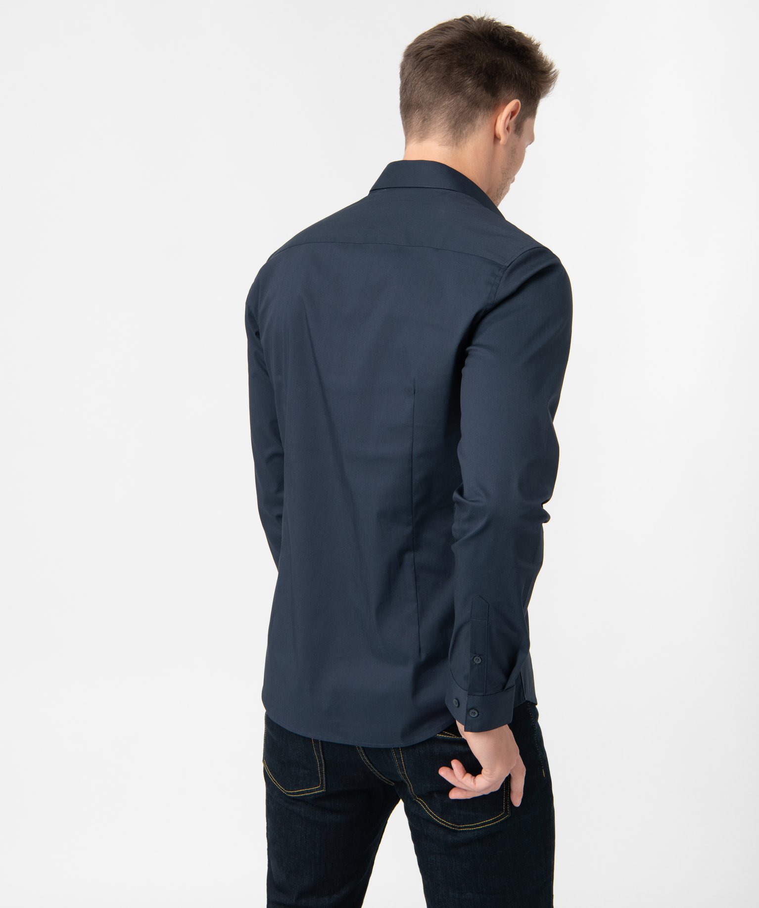 Chemise homme unie coupe slim en coton stretch bleu fonce | GEMO
