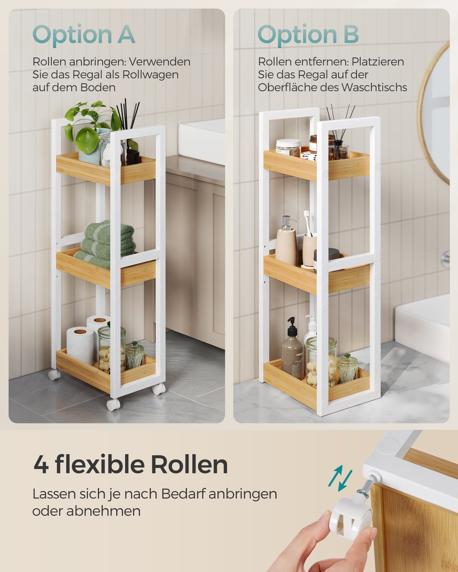 SONGMICS Badregal BCB083, SONGMICS Rollwagen, Badezimmerregal mit 3 Ebenen