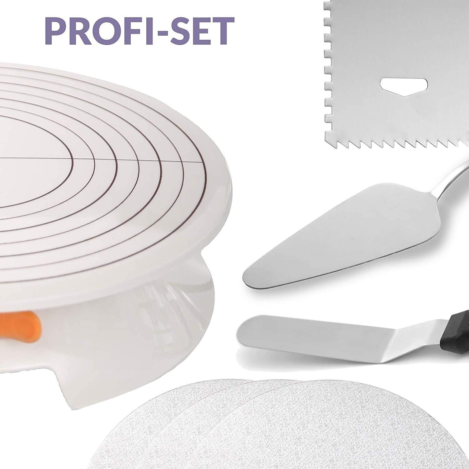 Praknu Tortenplatte 5 tlg. Tortenplatte drehbar Set, Plastik-Edelstahl, (Set), 5-teilig - 30cm Drehteller - rutschfest - Zum Dekorieren und Verzieren