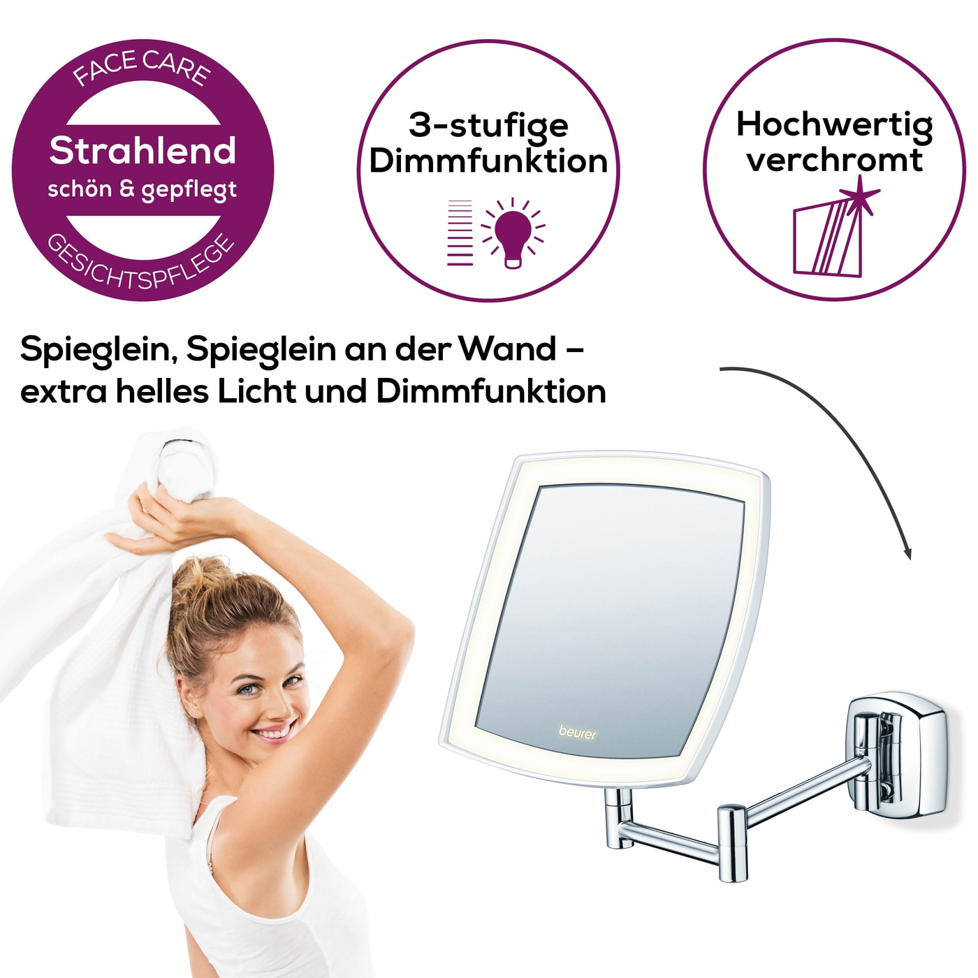 Beleuchteter Kosmetikspiegel BS 89-Beleuchteter Wandspiegel mit extra hellem LED-Licht und 5-fach Zoom