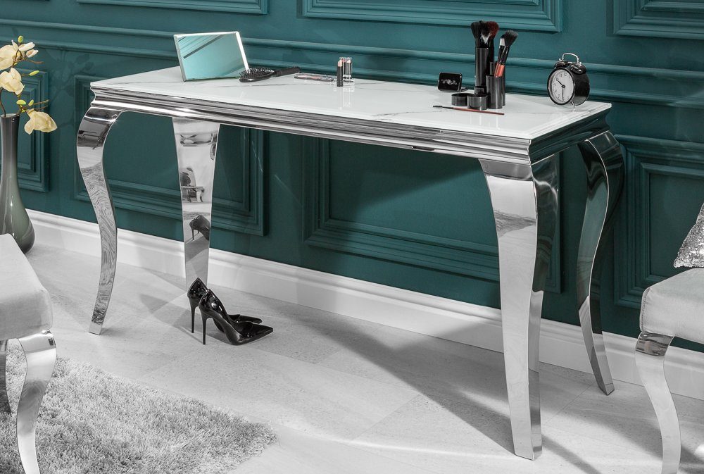 riess-ambiente Konsolentisch MODERN BAROCK 145cm grau / weiß, Glastisch · Marmor-Optik · Edelstahl-Beine