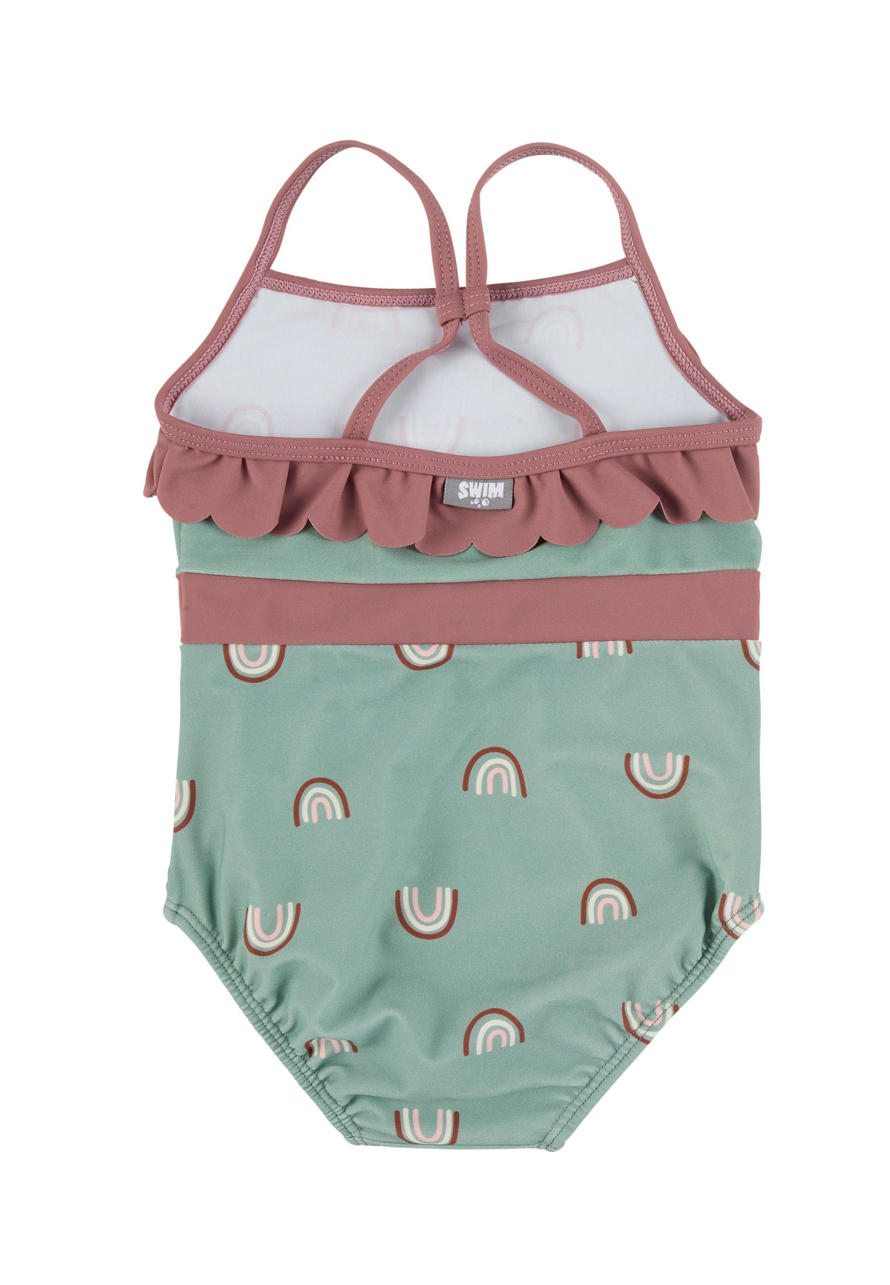 Sterntaler® Badeanzug Badeanzug Regenbogen (1-St., Kinderbadeanzug mit Windelfutter, Schwimmshirt gemustert) Schwimmanzug mit Volant am Halsauschnitt, Baby Badeanzug