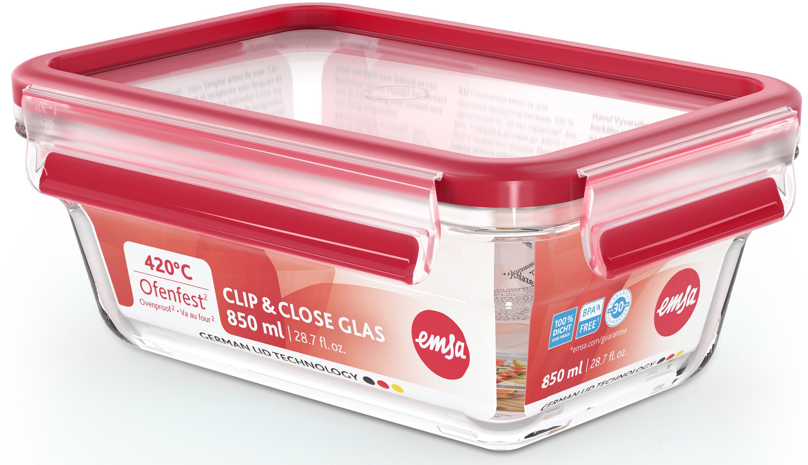 Emsa Frischhaltedose Clip&Close, Made in Germany, Glas, (4-tlg), backofen-, gefrierfest, mikrowellengeeignet, (4 Dosen mit Deckel)