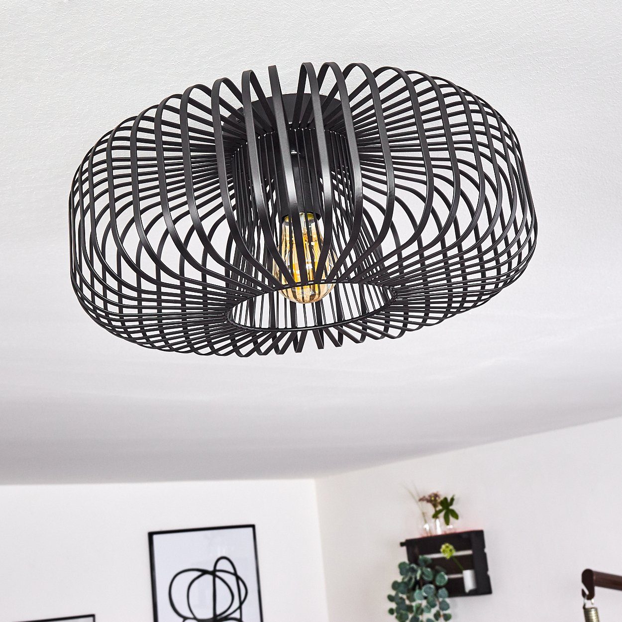 hofstein Deckenleuchte Pieris runde Deckenlampe aus Metall in Schwarz, ohne Leuchtmittel, E27, Retro-Leuchte mit Lichteffekt durch Gitter-Optik