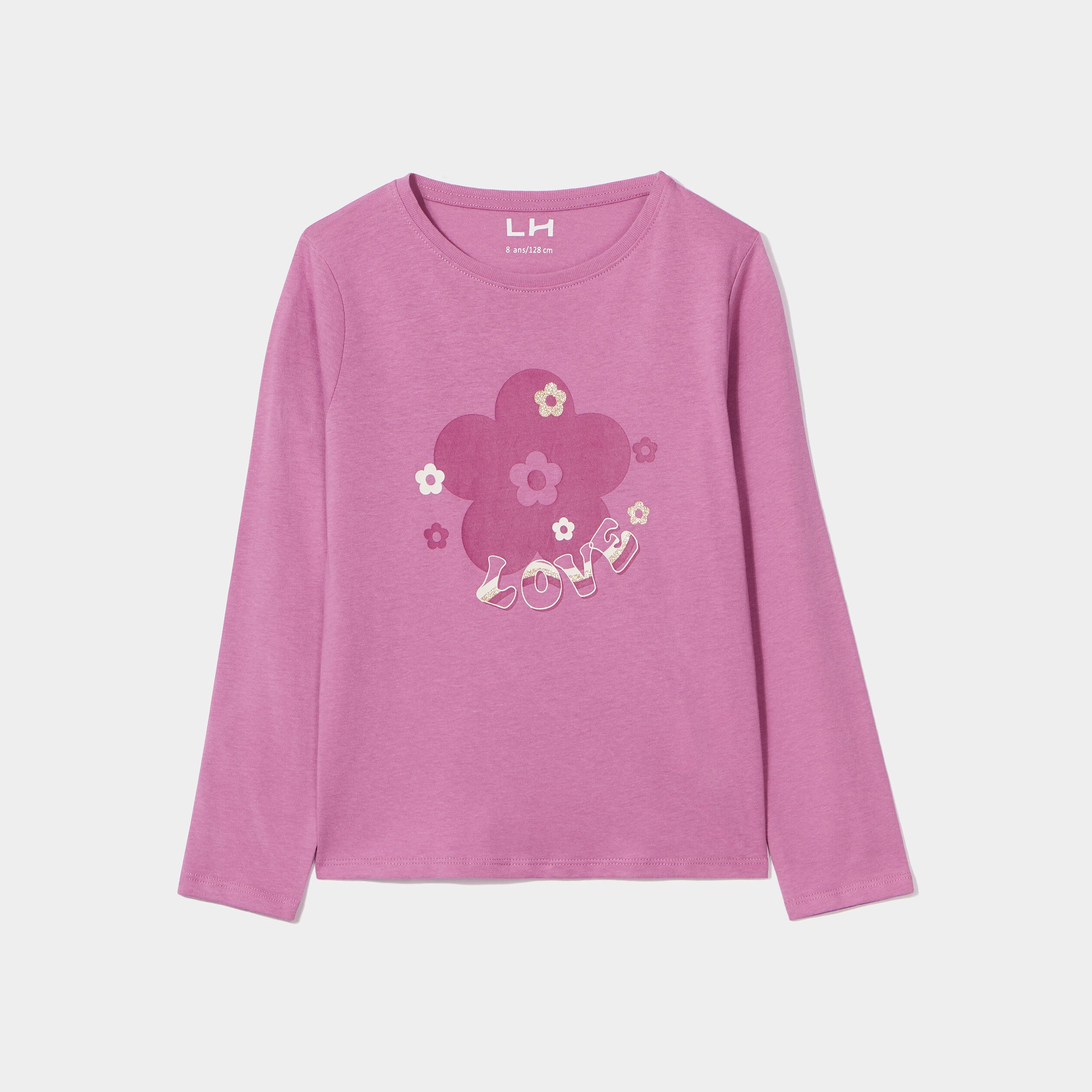 T-shirt col rond manches longues coton violet fille | La Halle