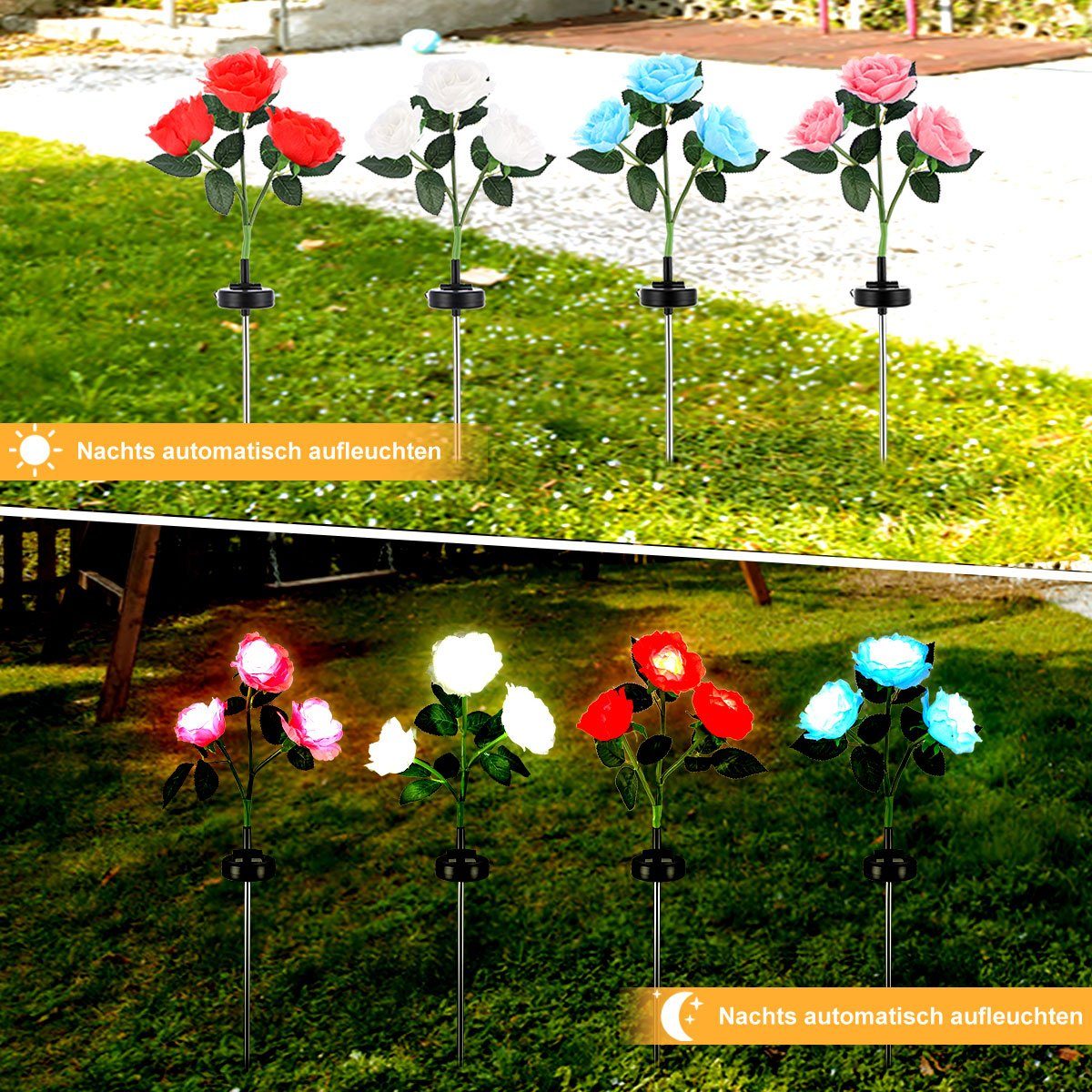 oyajia LED Solarleuchte Solarlampen für Außen Garten, 3 LED Rose Solar Licht Deko, LED fest integriert, Tageslichtweiß, Größerer Blume Breiterem IP65 Wasserdichte Solarpanel