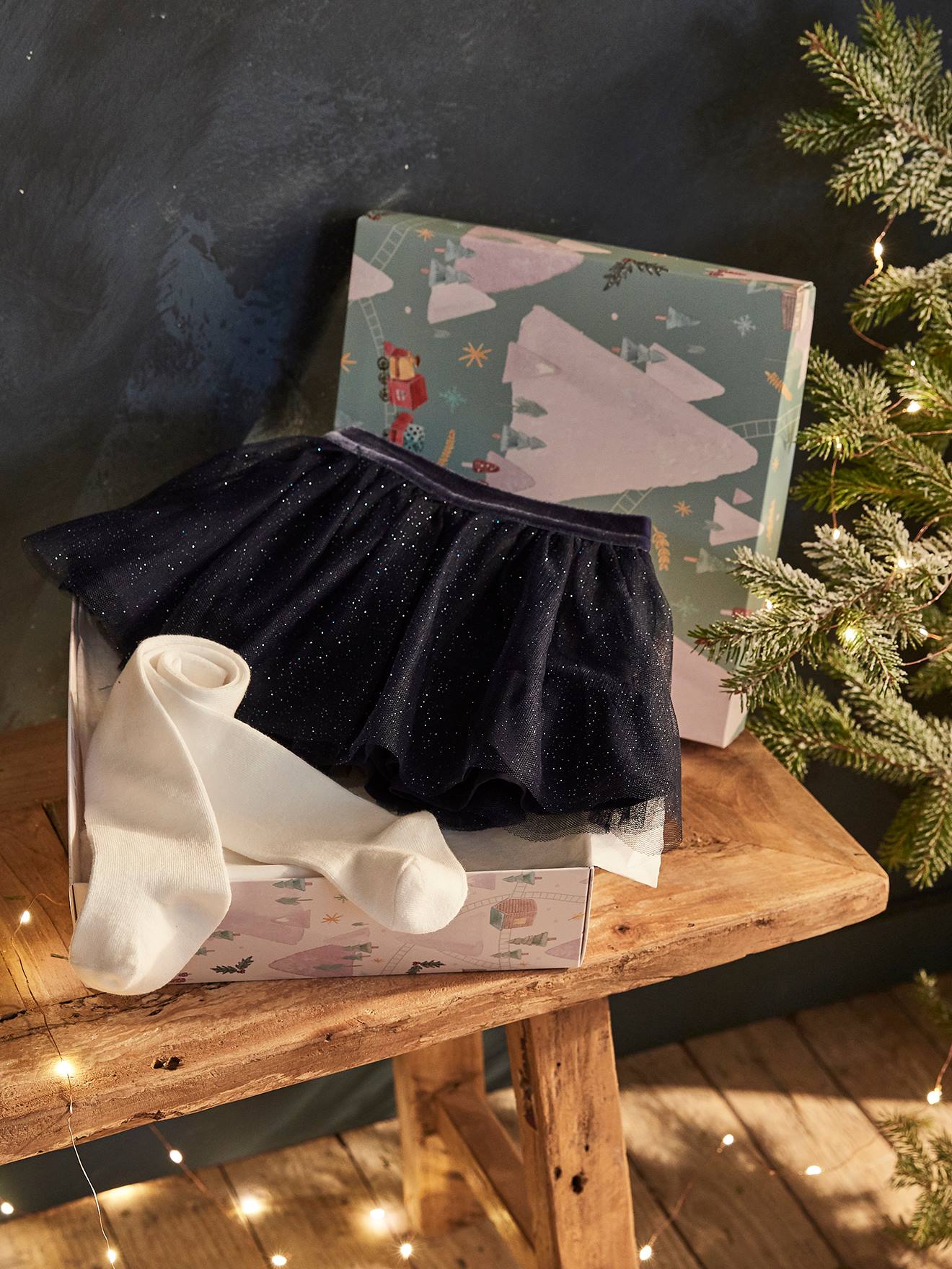 Ensemble jupe de fête en tulle pailleté et collant bébé bleu indigo