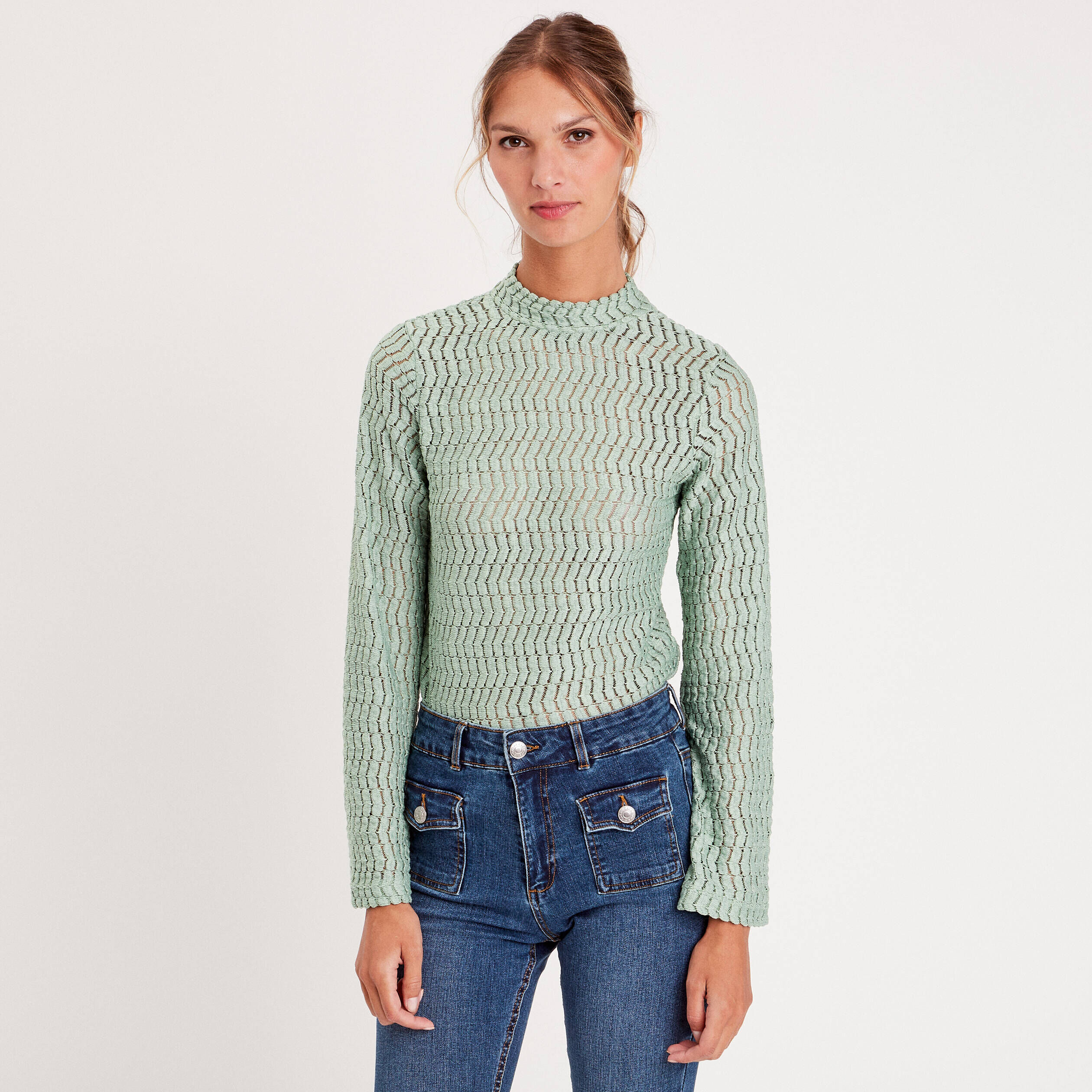 T-shirt ajouré col montant vert pastel femme | Cache Cache