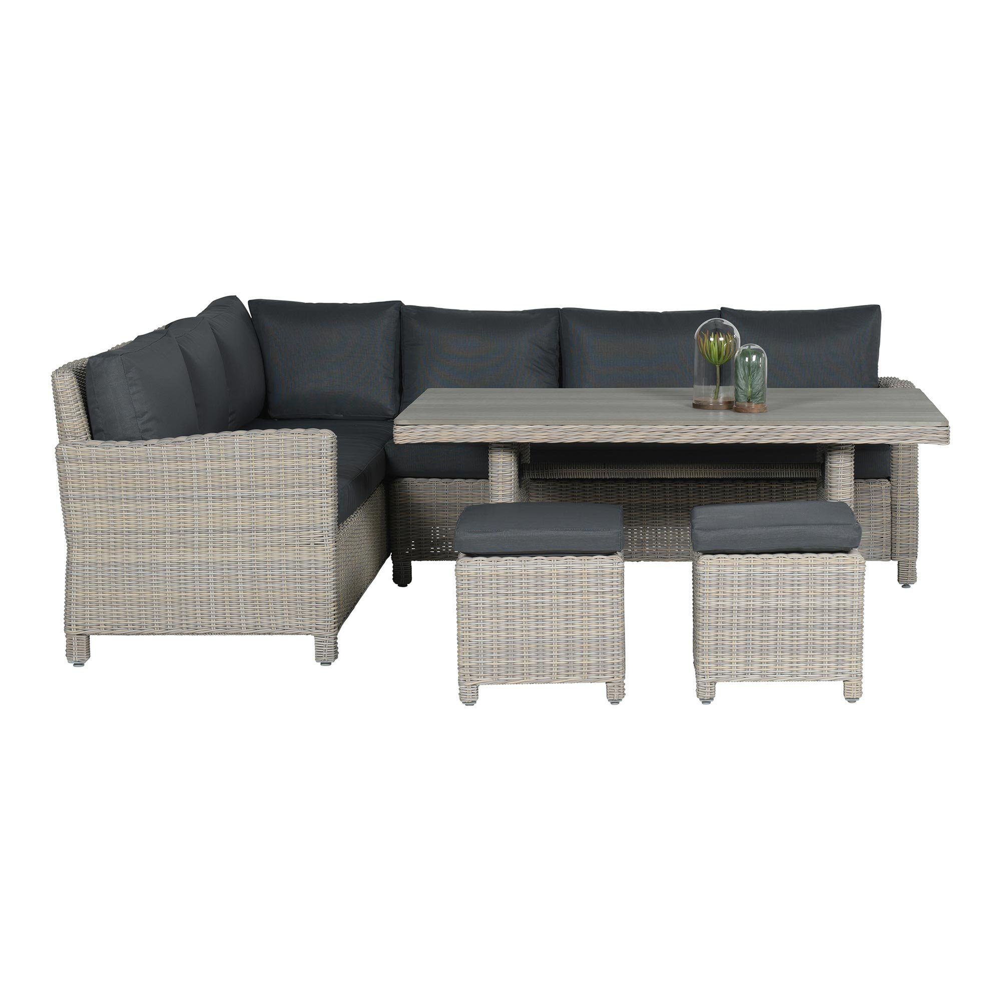 GMD Living Eckbankgruppe VANCOUVER, (Gartensitzgruppe / Gartenessgruppe, 5-tlg., bestehend aus 2 Bankteilen, einem Tisch und 2 Hockern), pflegeleichtes Set mit viel Platz für die ganze Familie