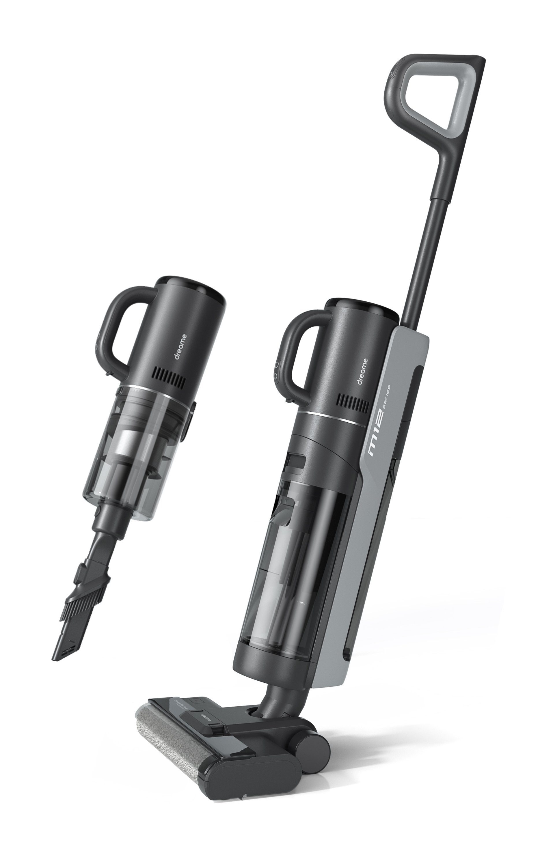 dreame Nass-Trocken-Sauger M12, Hand-Stiel-Sauger, ohne Kabel, 2 Modi, Kantenreinigungsdesign, beutellos, mit Milbenentferner, Schmutz-Erkennung, Selbstreinigend, LED-Display