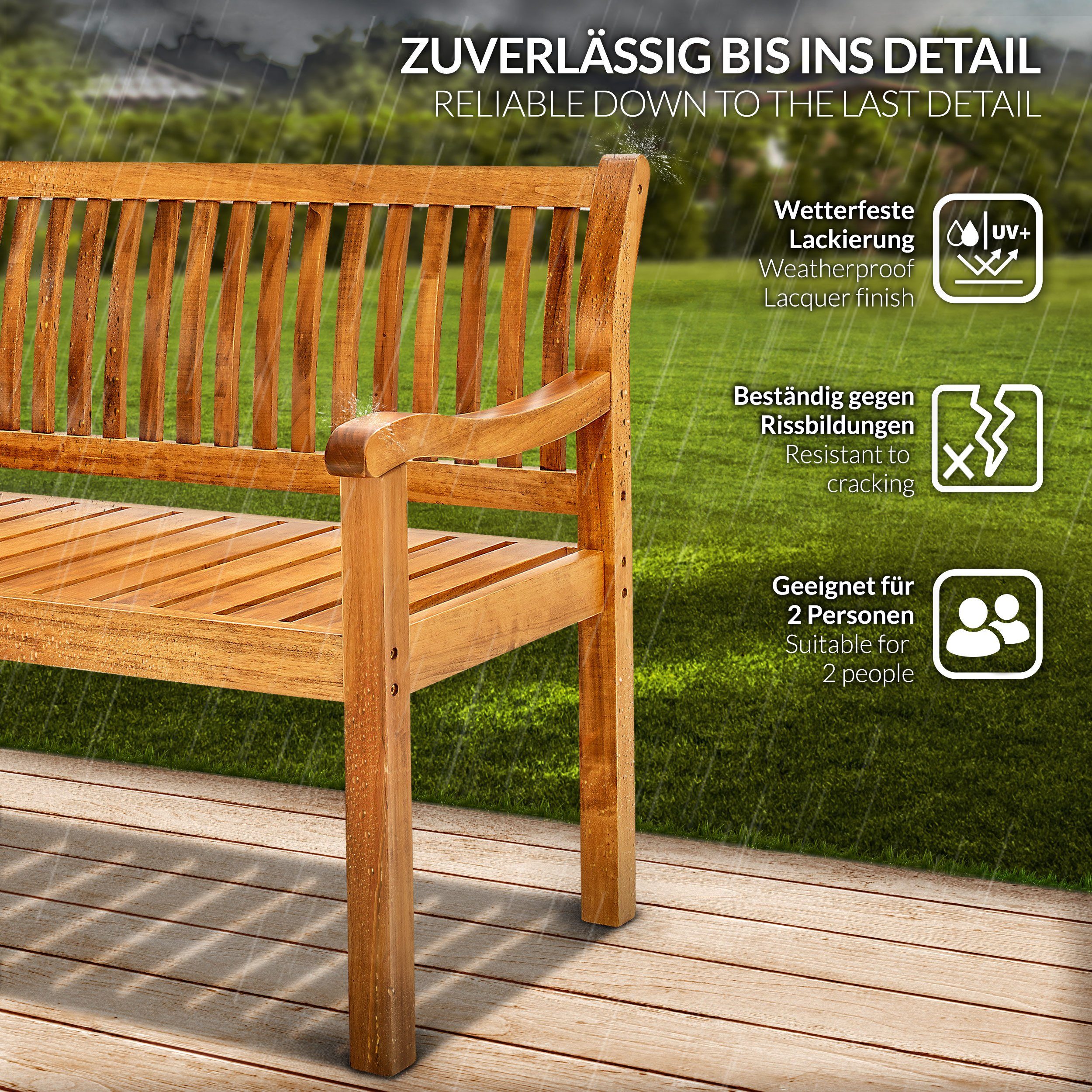 tillvex Gartenbank Holz Parkbank Massiv Sitzbank wetterfest, Holzbank Massivholz 320 kg belastbar, für Balkon, Terrasse & Garten