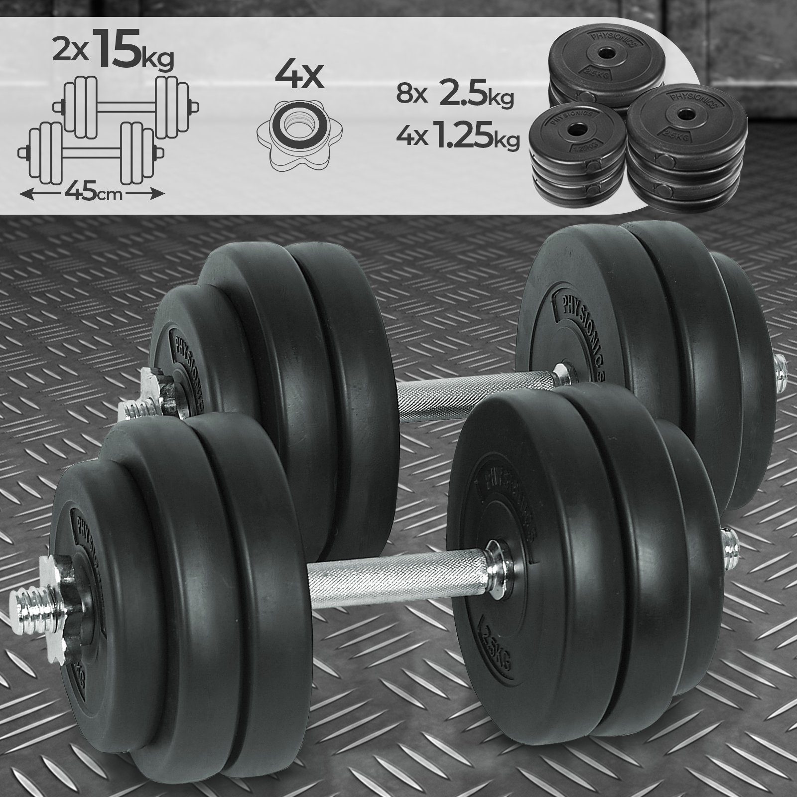 Physionics Hantel-Set Kurzhantel Set 30 kg (2 x 15 kg) Ø 25 mm - Hantelstangen, Kurzhanteln