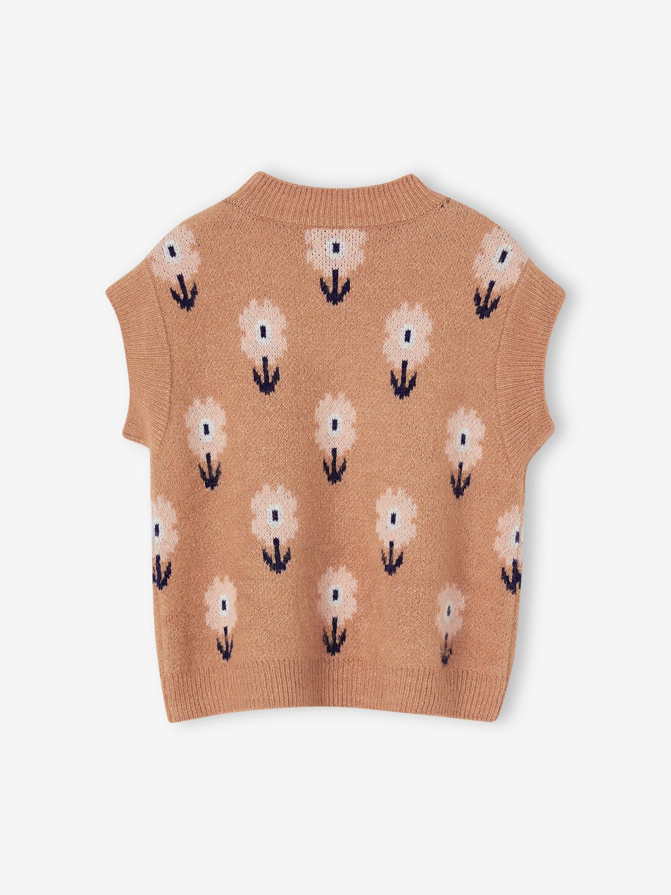 Pull sans manches à fleurs fille camel