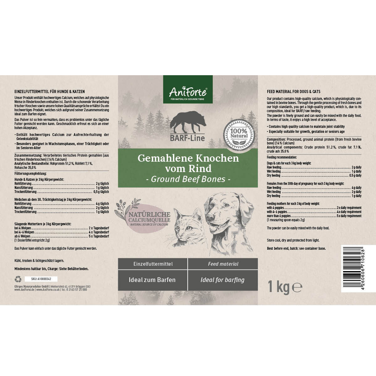 Aniforte Ergänzungsfutter & Aufzucht Aniforte BARF-Line Gemahlene Knochen vom Rind 1 kg