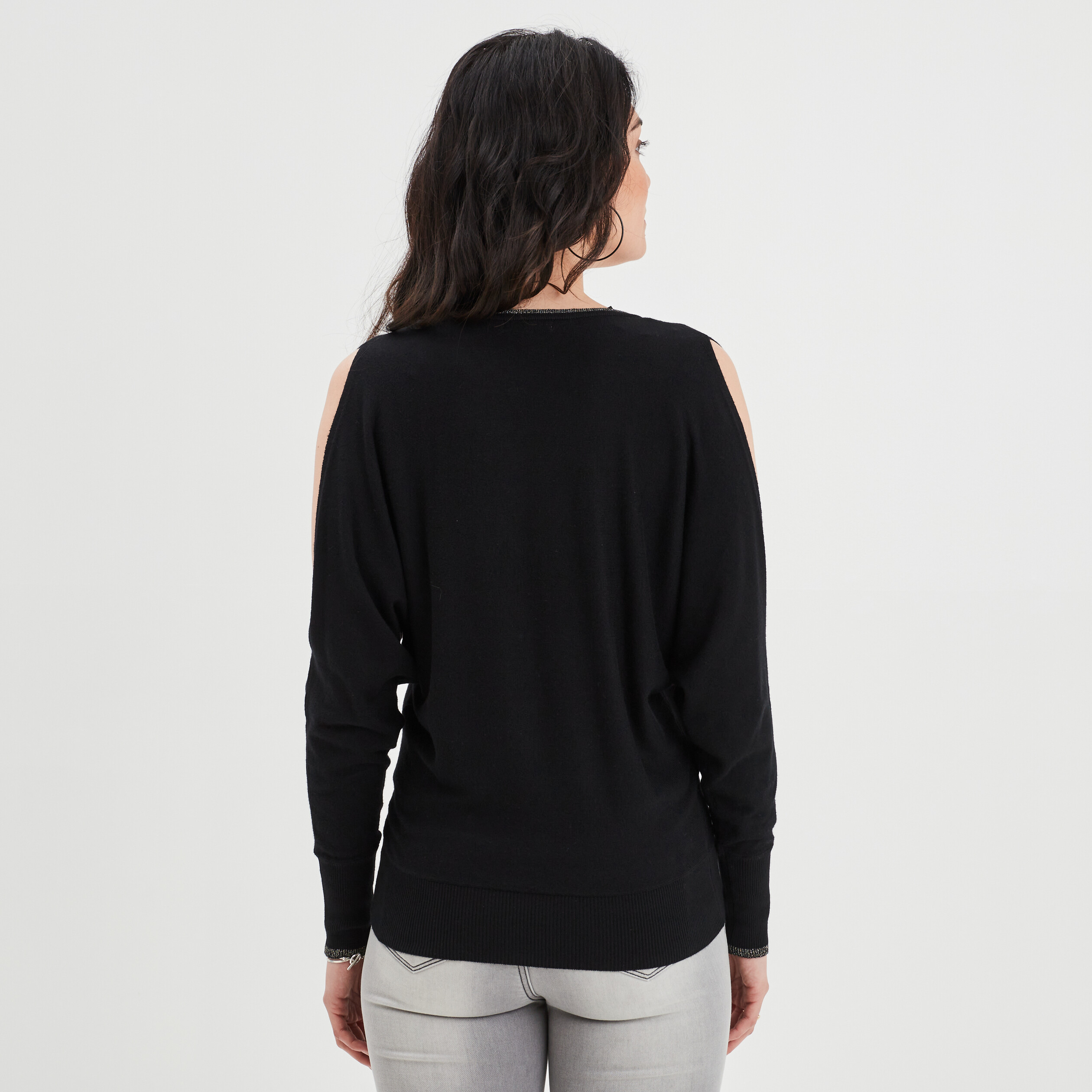 Pull manches chauve-souris à ouvertures noir femme | La Halle