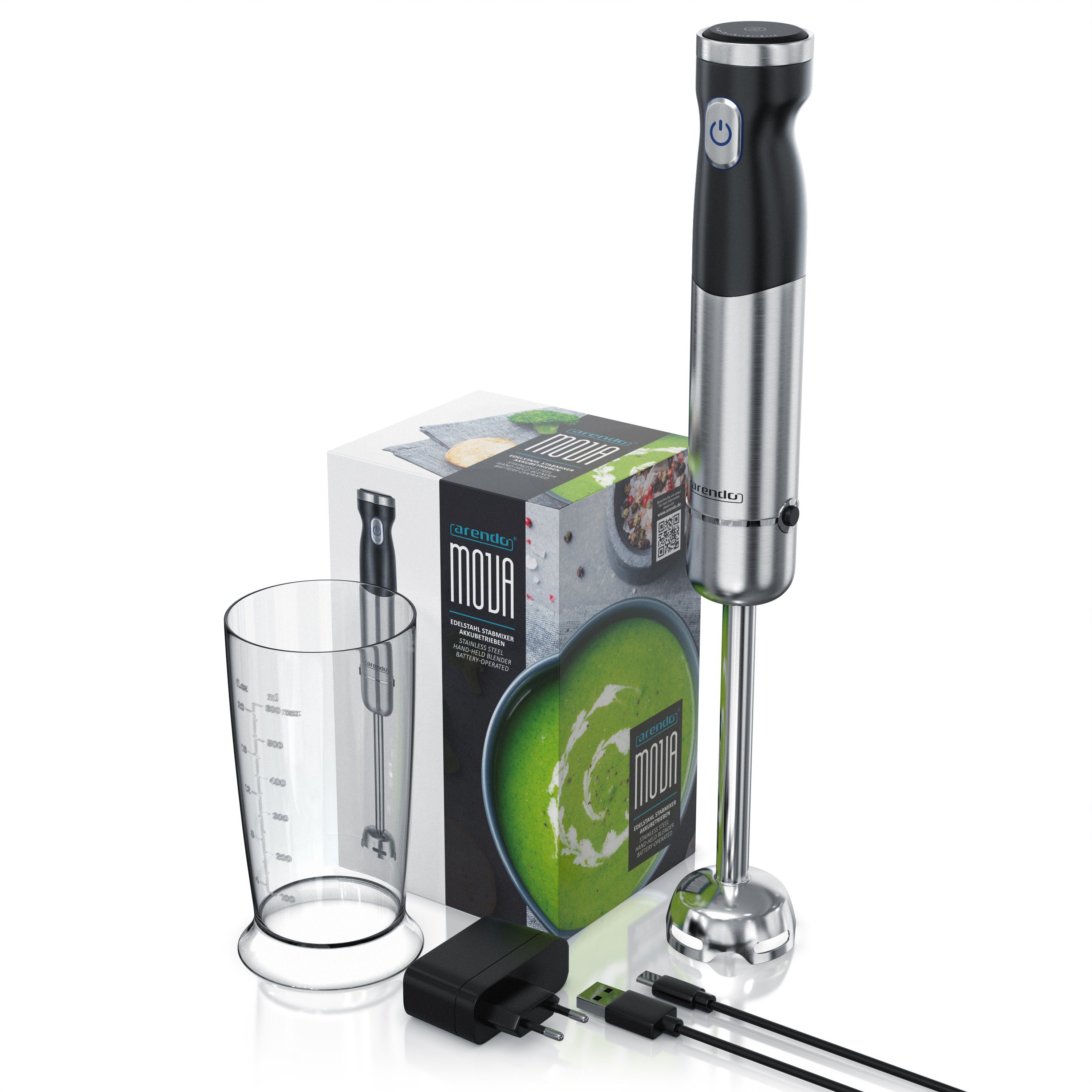 Arendo Stabmixer, 200 W, kabellos, Edelstahl, Pürierstab mit Akku, inkl. 600 ml Messbecher