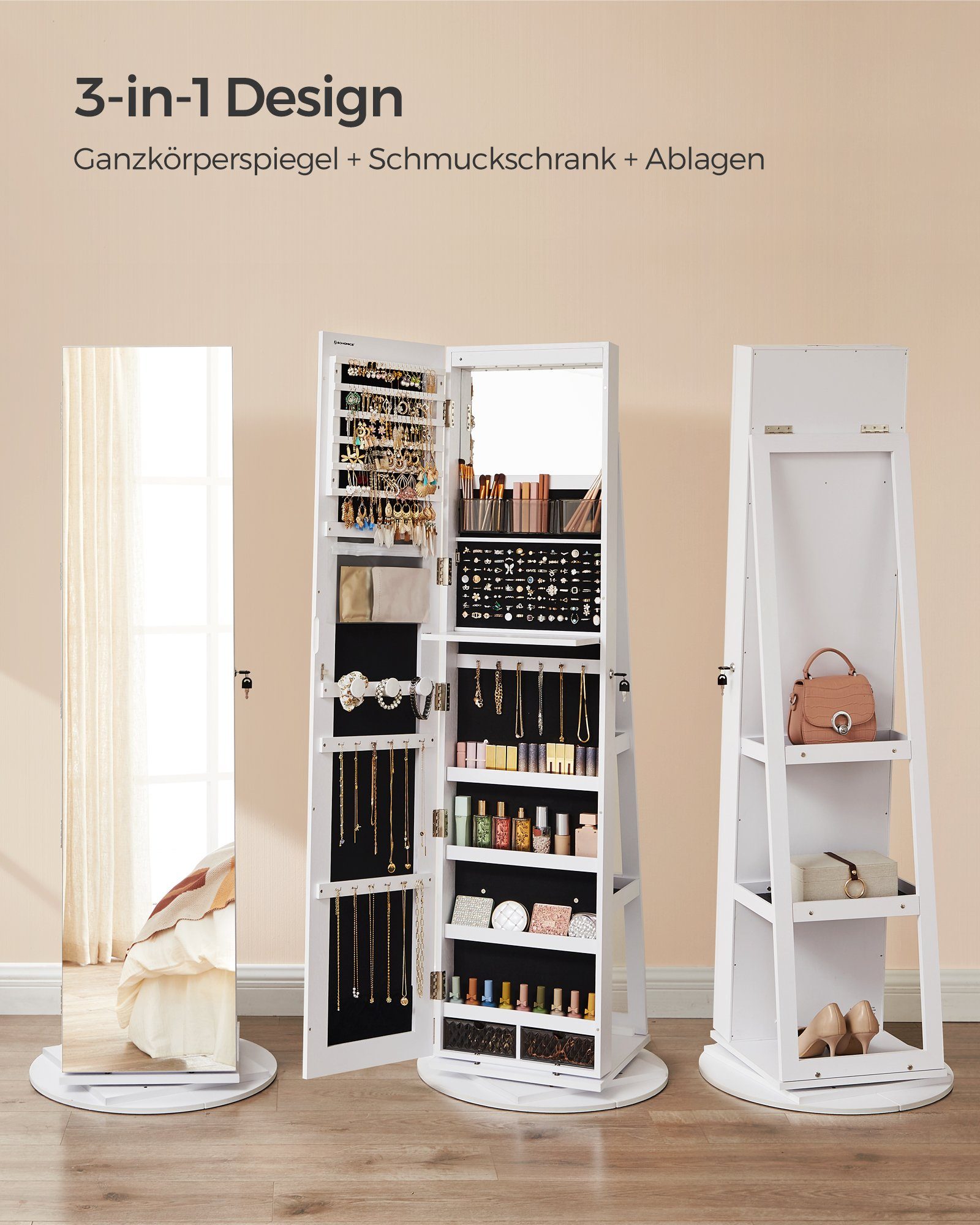 SONGMICS Schmuckschrank mit LED und Spiegel, 3 Ablagen, 360° drehbar, weiß