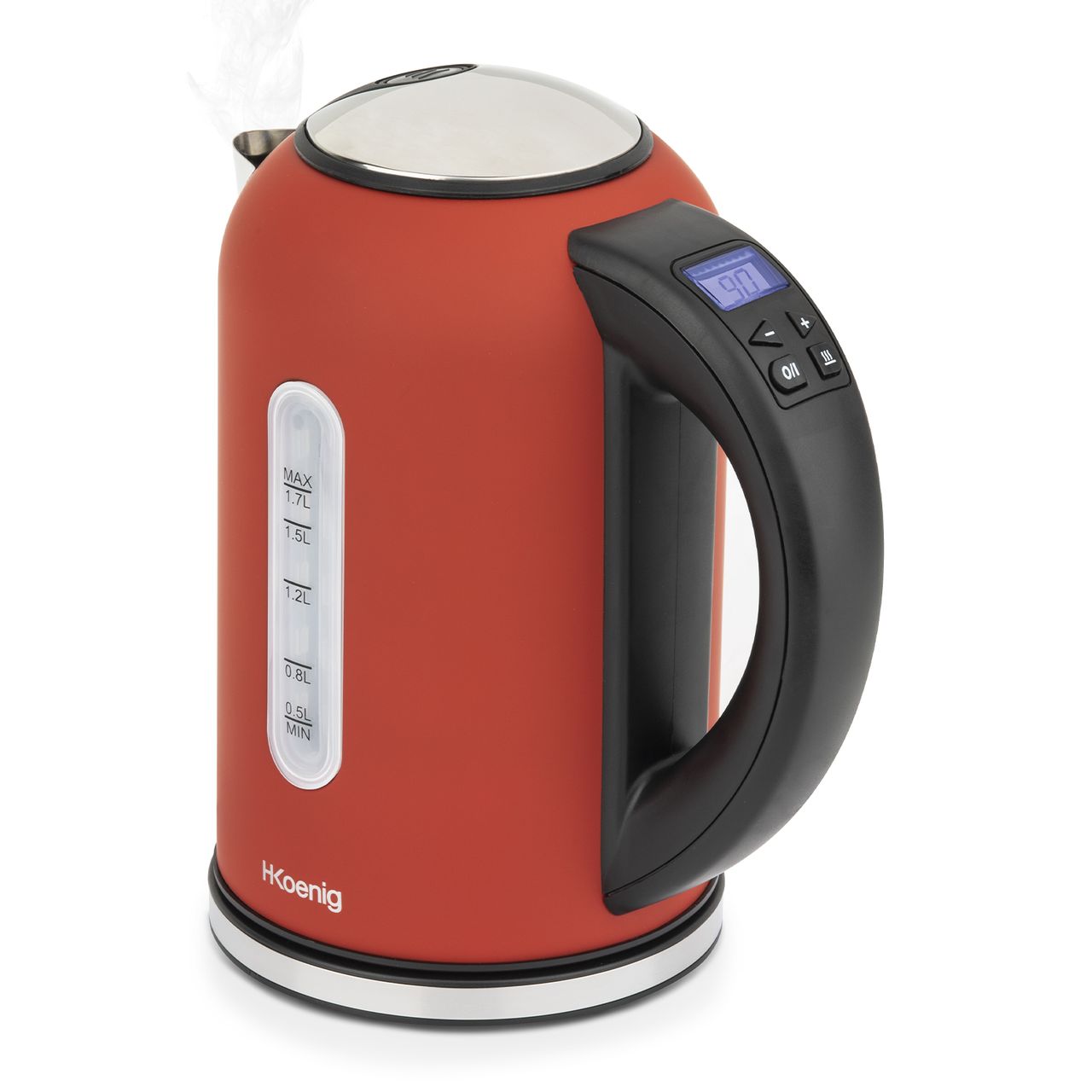 H.Koenig BOE54 Elektrischer Wasserkocher, programmierbar, Edelstahl, 1,7 l, Rot, 2200 W, Thermostat verstellbar 40 – 100 °C