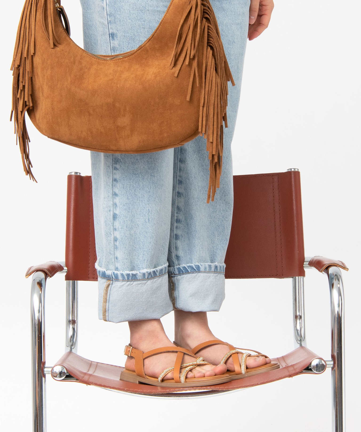Sandales femme unies en cuir et à strass camel | GEMO