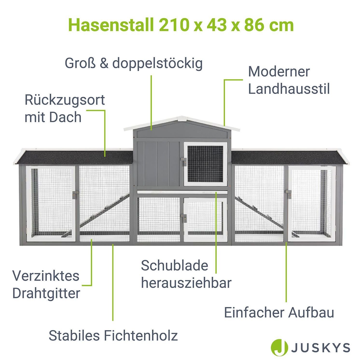 Juskys Kleintierkäfig, 2 Etagen, moderner Landhausstil, stabiles Fichtenholz