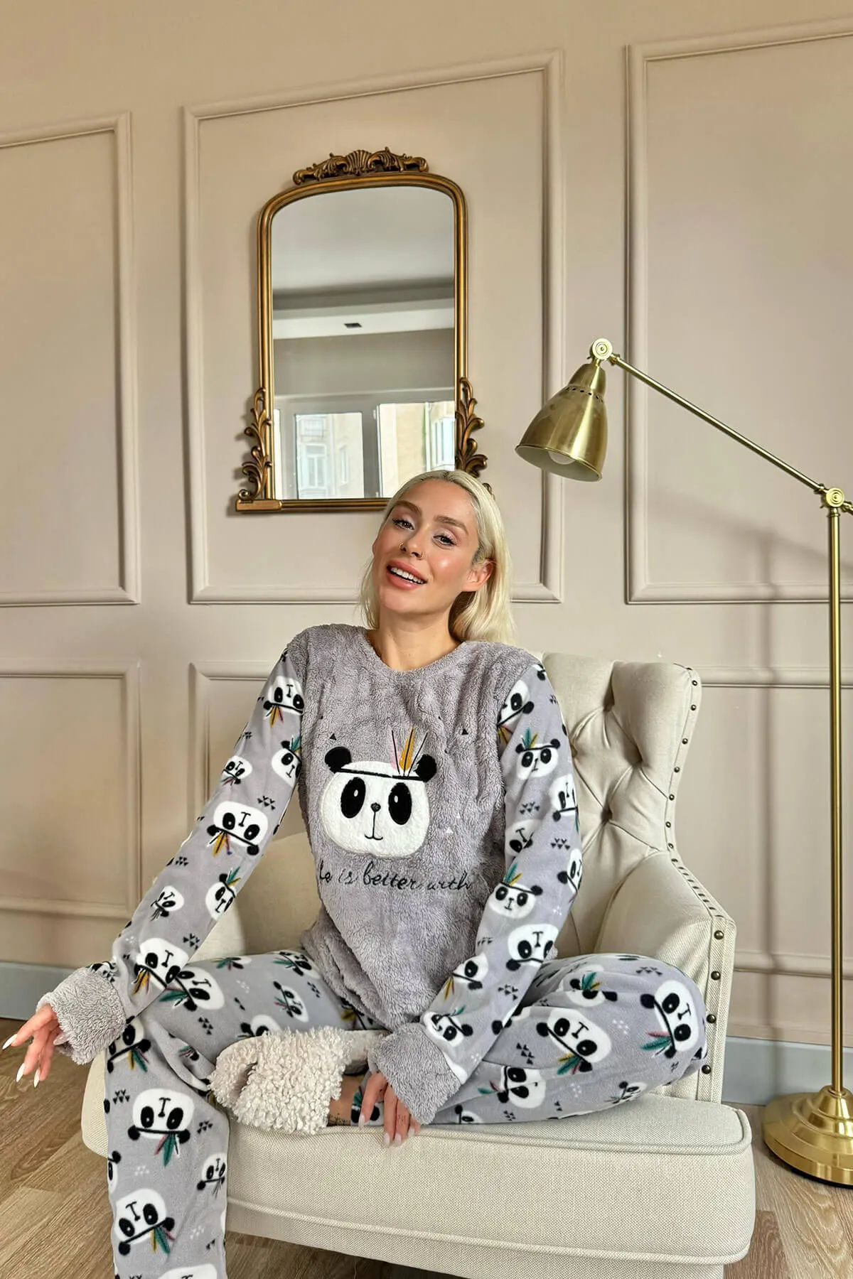 Pijamaevi  Damen-Pyjama-Set aus Plüsch mit Panda-Muster von Gray Life