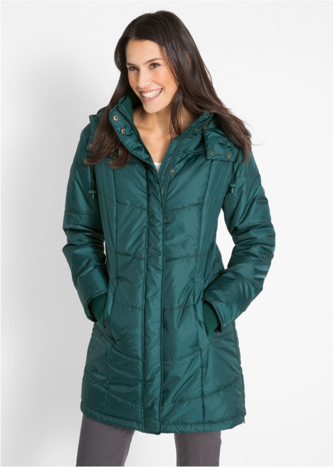 Long-Steppjacke, wattiert mit Kragen und Kapuze
