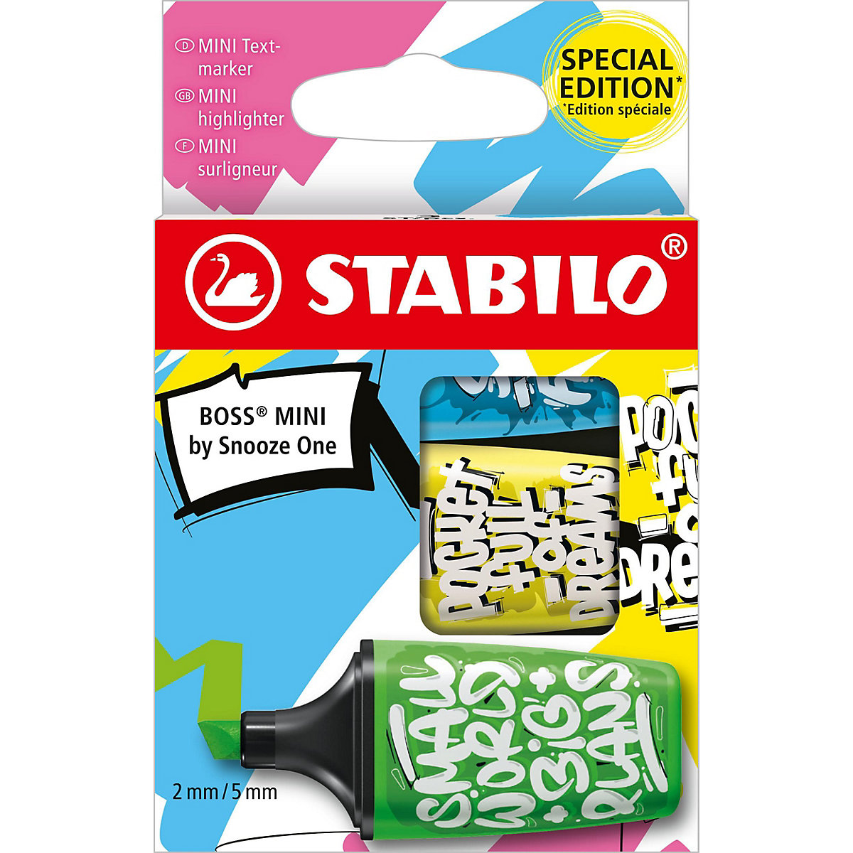 Textmarker BOSS MINI by Snooze One, 3 Farben (blau, gelb, grün)