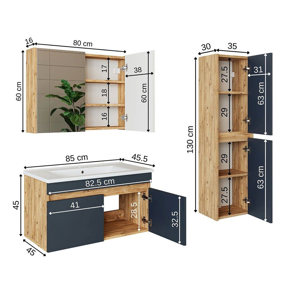 Roomart Badmöbel-Set, (Badmöbel Set ATRIA 85 cm in 4 Farben Unterschrank mit Waschbecken)