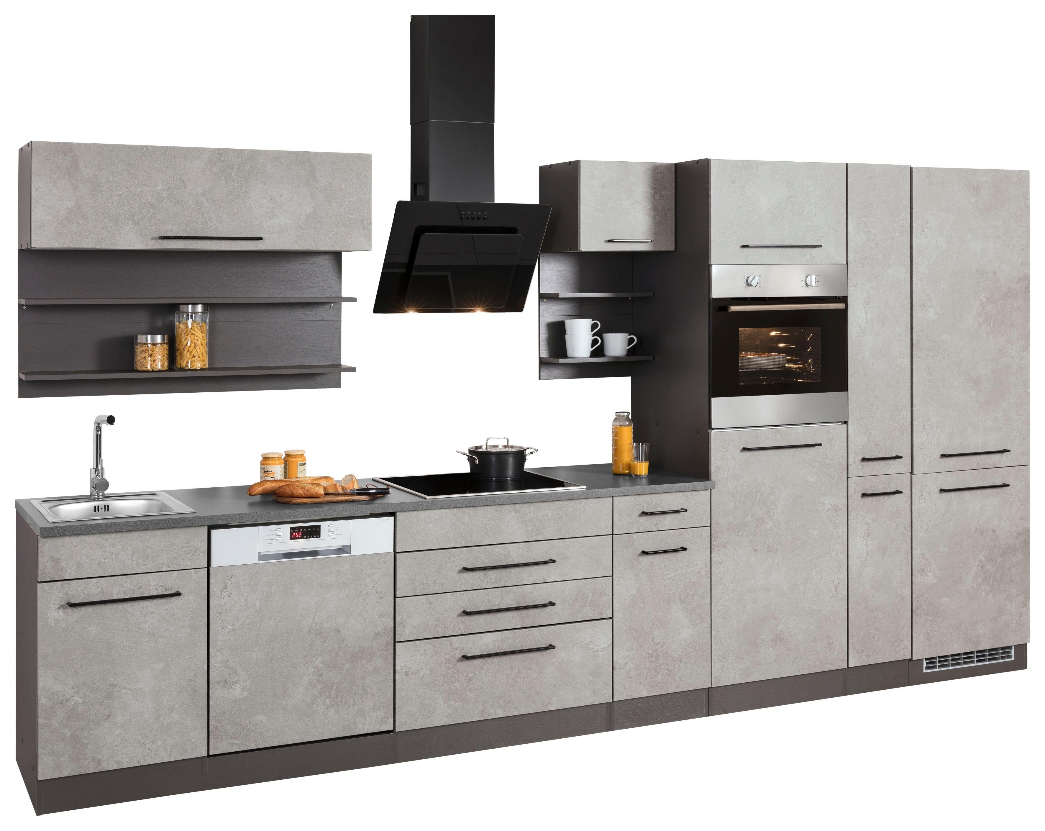 HELD MÖBEL Küchenzeile Tulsa, mit E-Geräten, Breite 380 cm, schwarze Metallgriffe, MDF Fronten