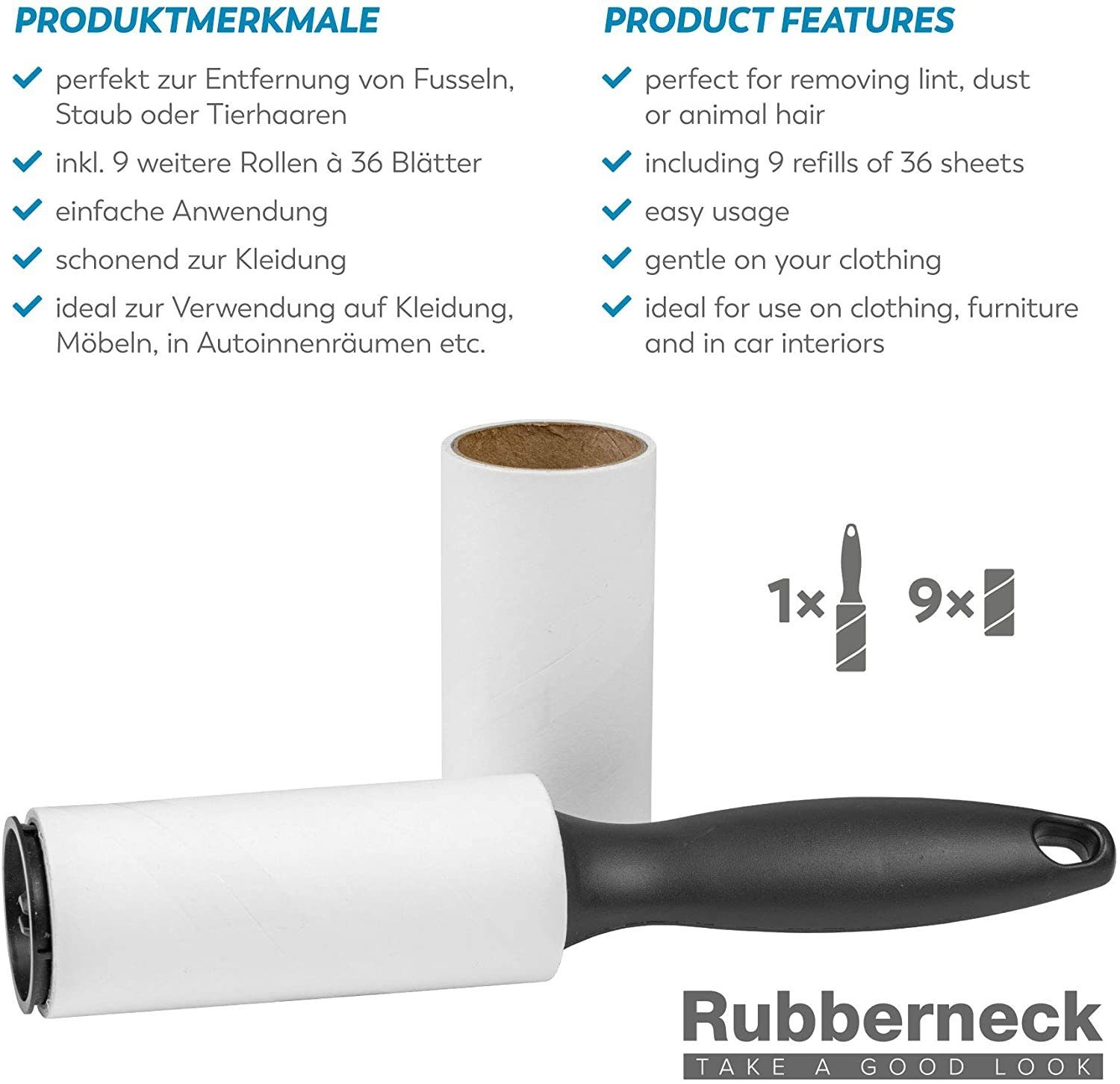 RUBBERNECK Fusselroller 360 Blatt, ideal zur Entfernung von Tierhaaren, Staub, Fusseln