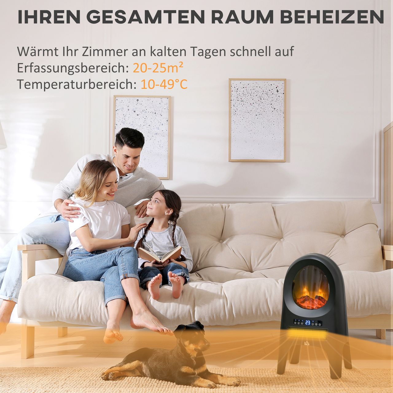 HOMCOM 3 Modi Keramik Heizlüfter mit Timer 2000 W Elektroheizung mit LED-Flammen und -Display Raumheizkörper mit Überhitzungs- und Kippschutz mit Fernbedienung für Innen Wohnräume 33,7x25,5 x60,4cm