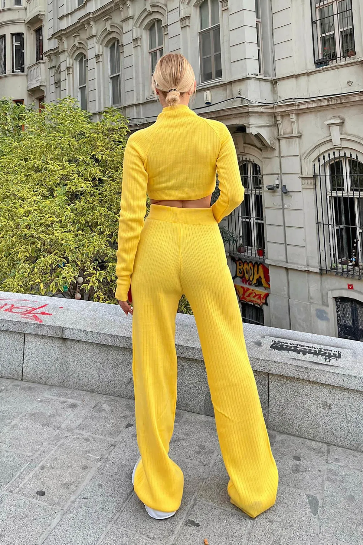 Swist  Gelbes Half-Fisherman-Strick-Crop-Pullover-Hose-Strickwaren-Bottom-Top-Set