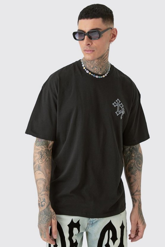 Tall schwarzes Oversize T-Shirt mit Kreuz-Stickerei