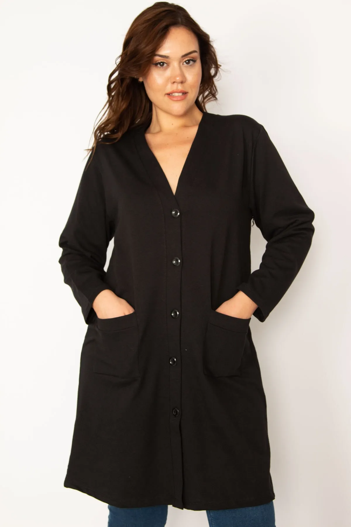 Şans  Damen-Jacke, groß, schwarz, vorne geknöpft, ungefütterte Tasche, 65n34077