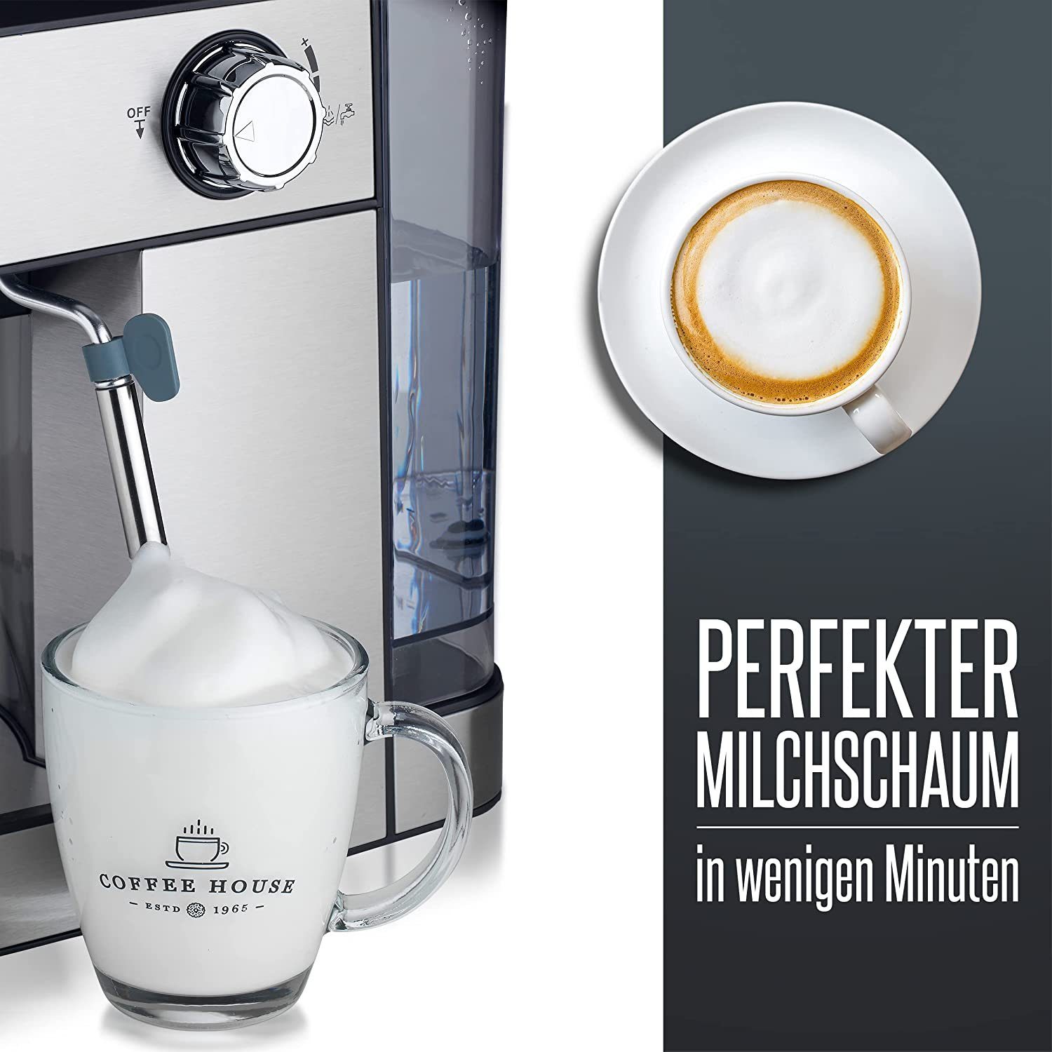 Heinrich´s Espressomaschine HES 8688, Edelstahlfilter, 20Bar Ulka Pumpe, Milchaufschäumer mit Barista Zubehör 1,6L