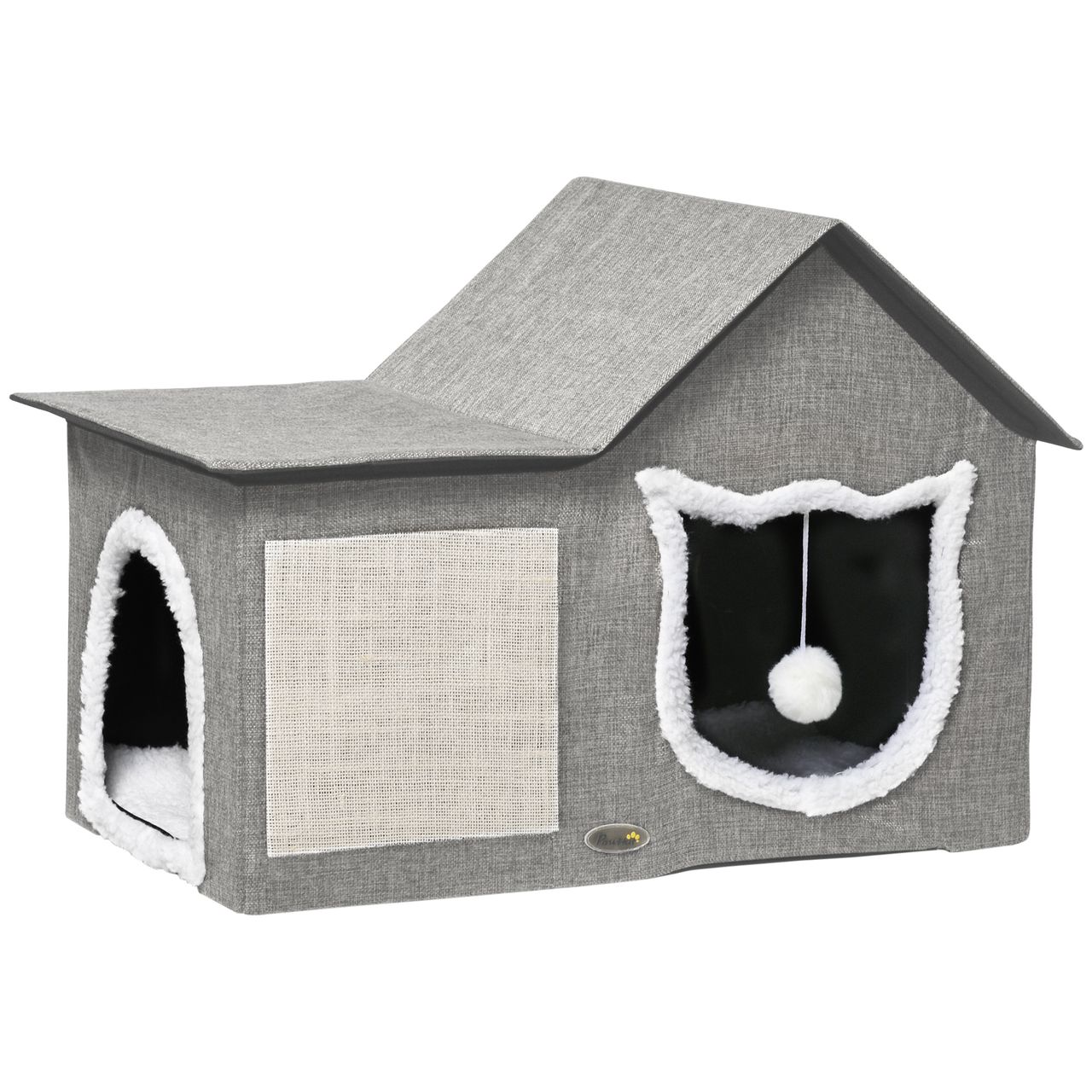 PawHut Katzenhöhle, Katzenhaus mit Kratzfläche, Doppeltüren, Spielball Polyester