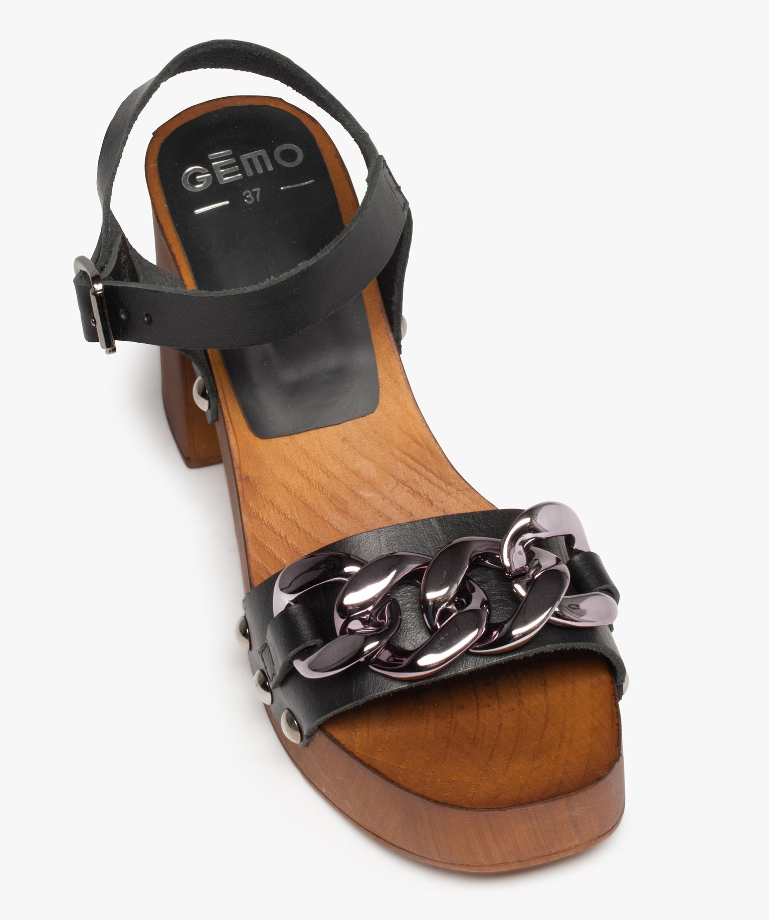 Sandales femme style sabots à talon dessus cuir noir | GEMO